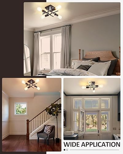 Miniatura 6 de Lámpara industrial de techo semiempotrada de 4 luces, moderna lámpara de araña de bronce aceitado, lámpara de techo Sputnik de granja con base de