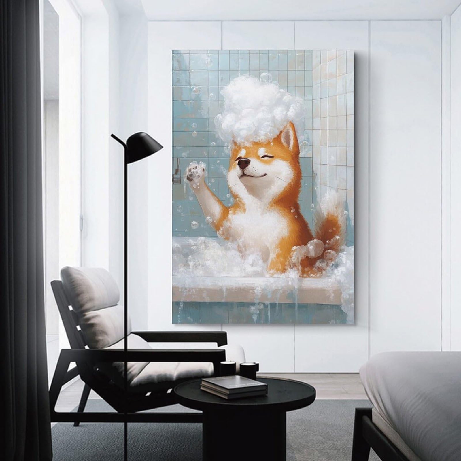 Junmoney Shiba Inu Bath Time Decorative Wall Artwork, 16x24inch(40x60cm), for Corridors, Hallways Or Apartment Entries, Home Artwork for First Impressions