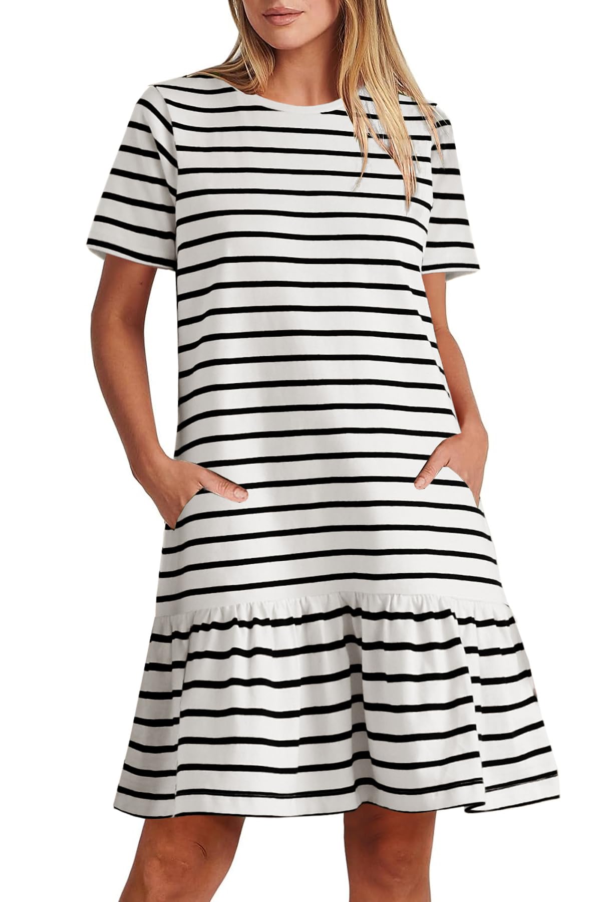 MITILLYWomen's Casual Summer T Shirt Dress Striped Loose Short Sleeve Tunic Dress with Pockets