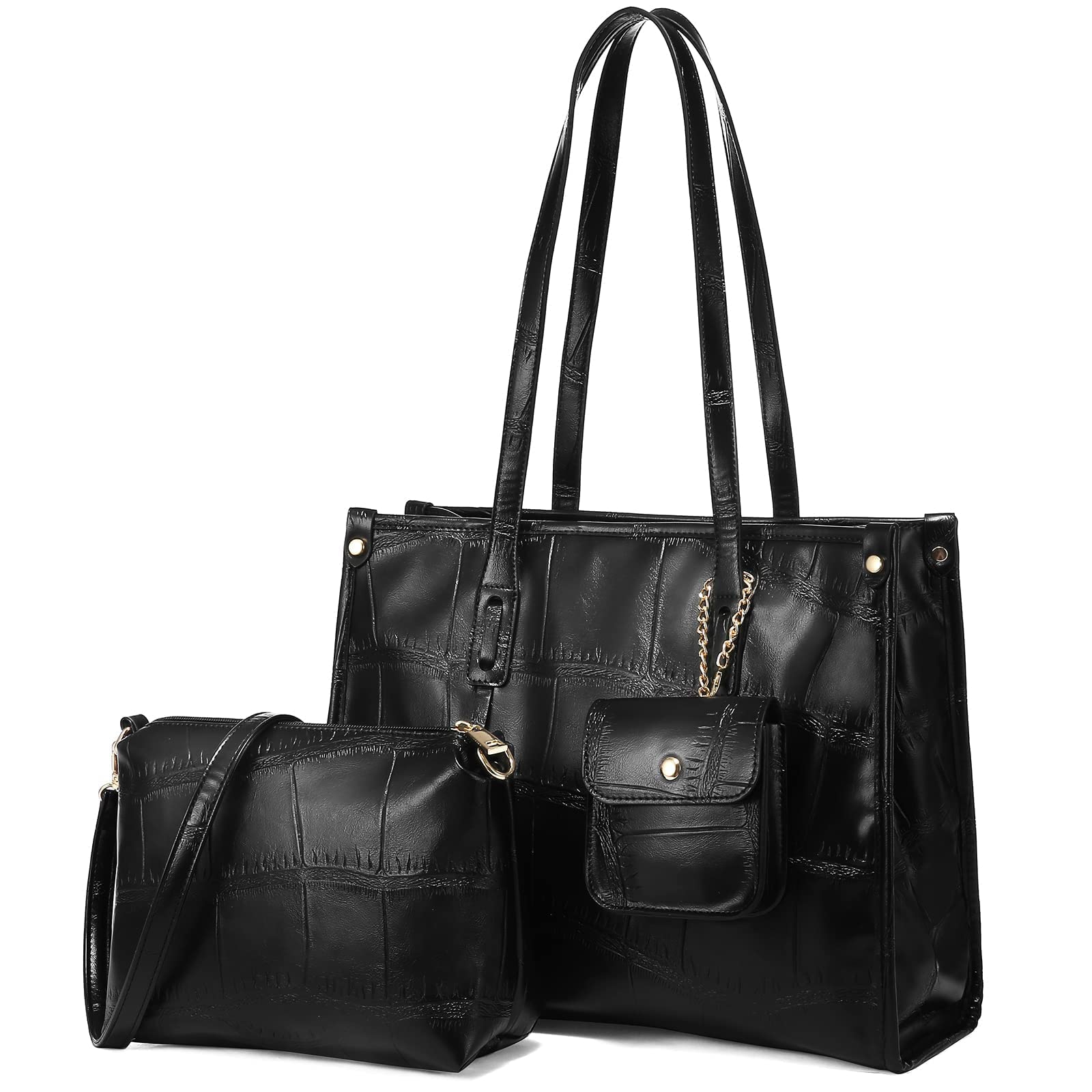 Lovevook Purses for Women Fashion Tote Handbags Coach Satchel Shoulder Bags Wallet Set 3pcs Black wi