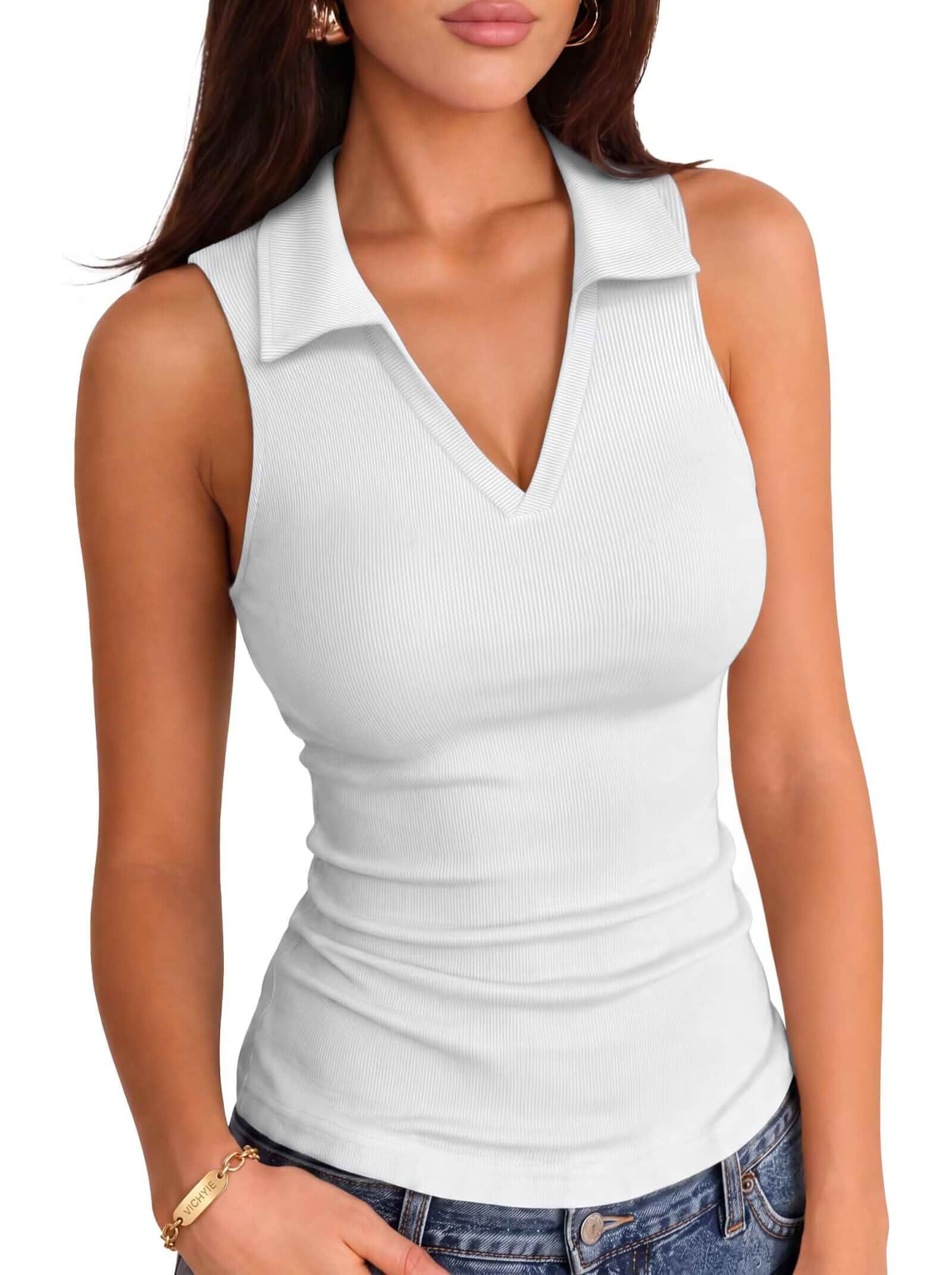 VICHYIE Women Summer Ribbed Collared V Neck Fitted Polo Tank Tops Lapel Neck, Soft, Stretchy, Semi-Formal, Office Outfit, Sleeveless Shirt
