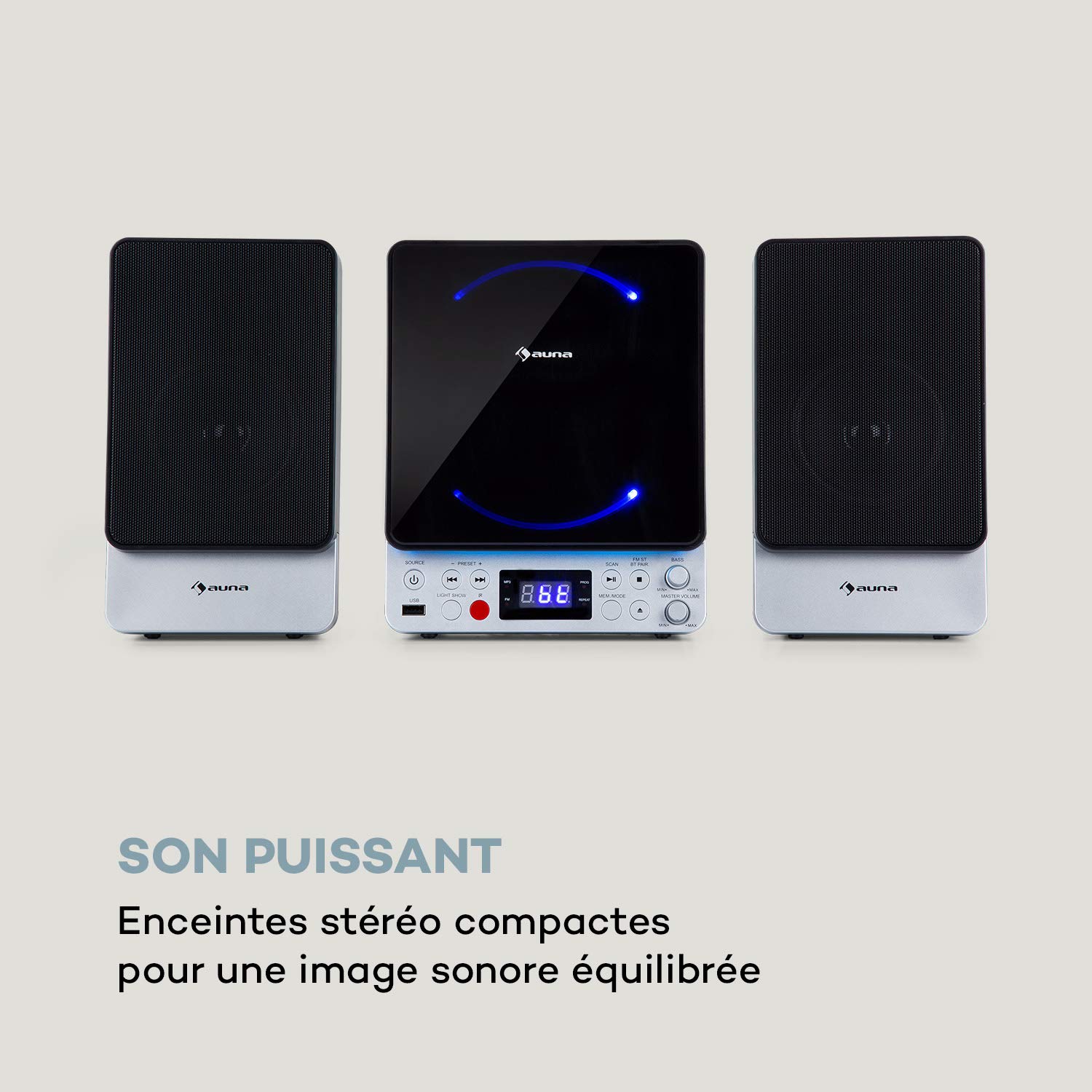 AUNA Microstar Sing - chaîne karaoké Verticale Micro système, Lecteur CD, Bluetooth, Enceintes stéréo, Port USB, Tuner FM, entrée/Sortie vidéo AUX, écran LCD, éclairage LED - Argent