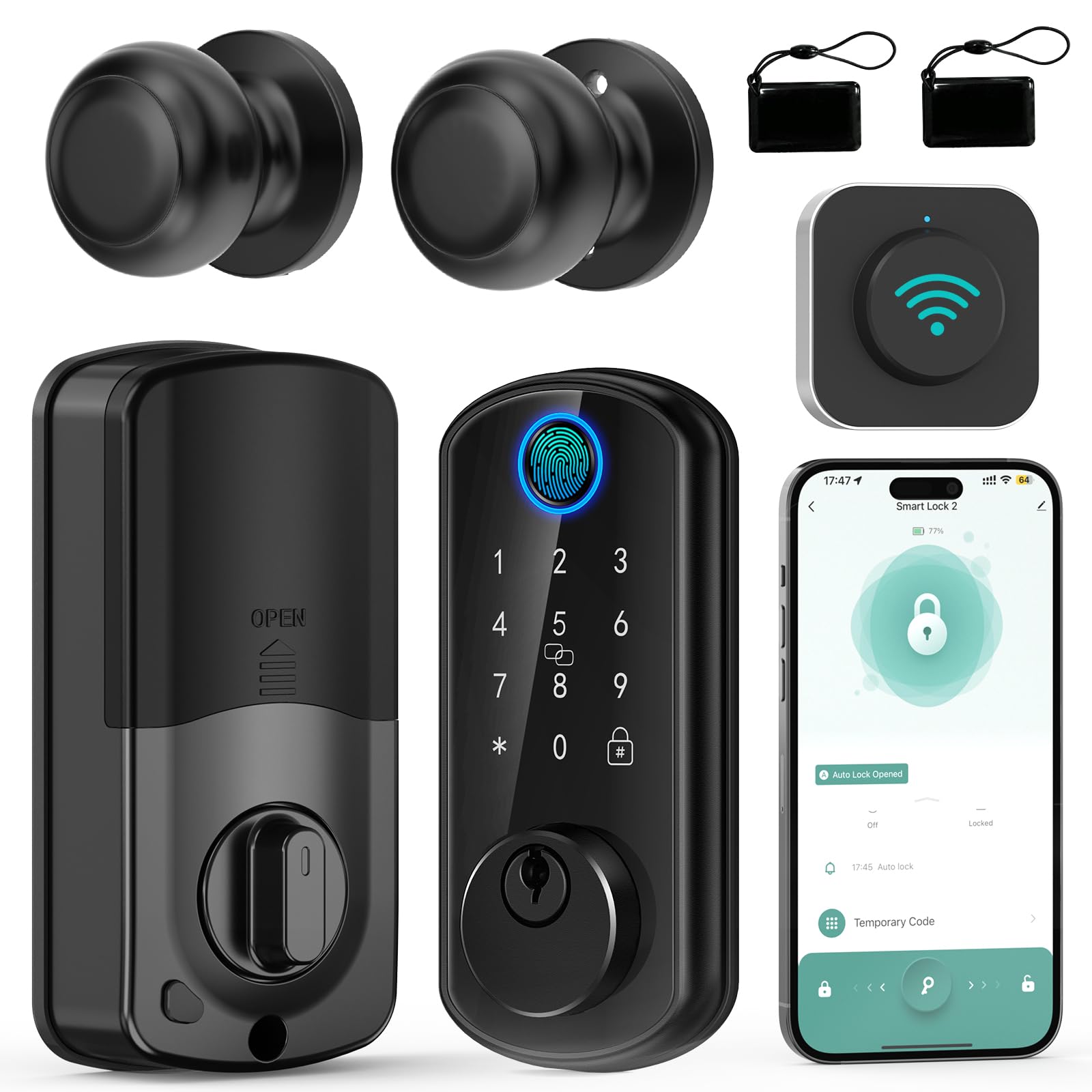 Smart Front Door Lock Set: Hornbill WiFi Keyless Entry Door Lock Deadbolt with Handle Set with 2 Knobs Alexa Bluetooth Remote Code for Home Matte Black