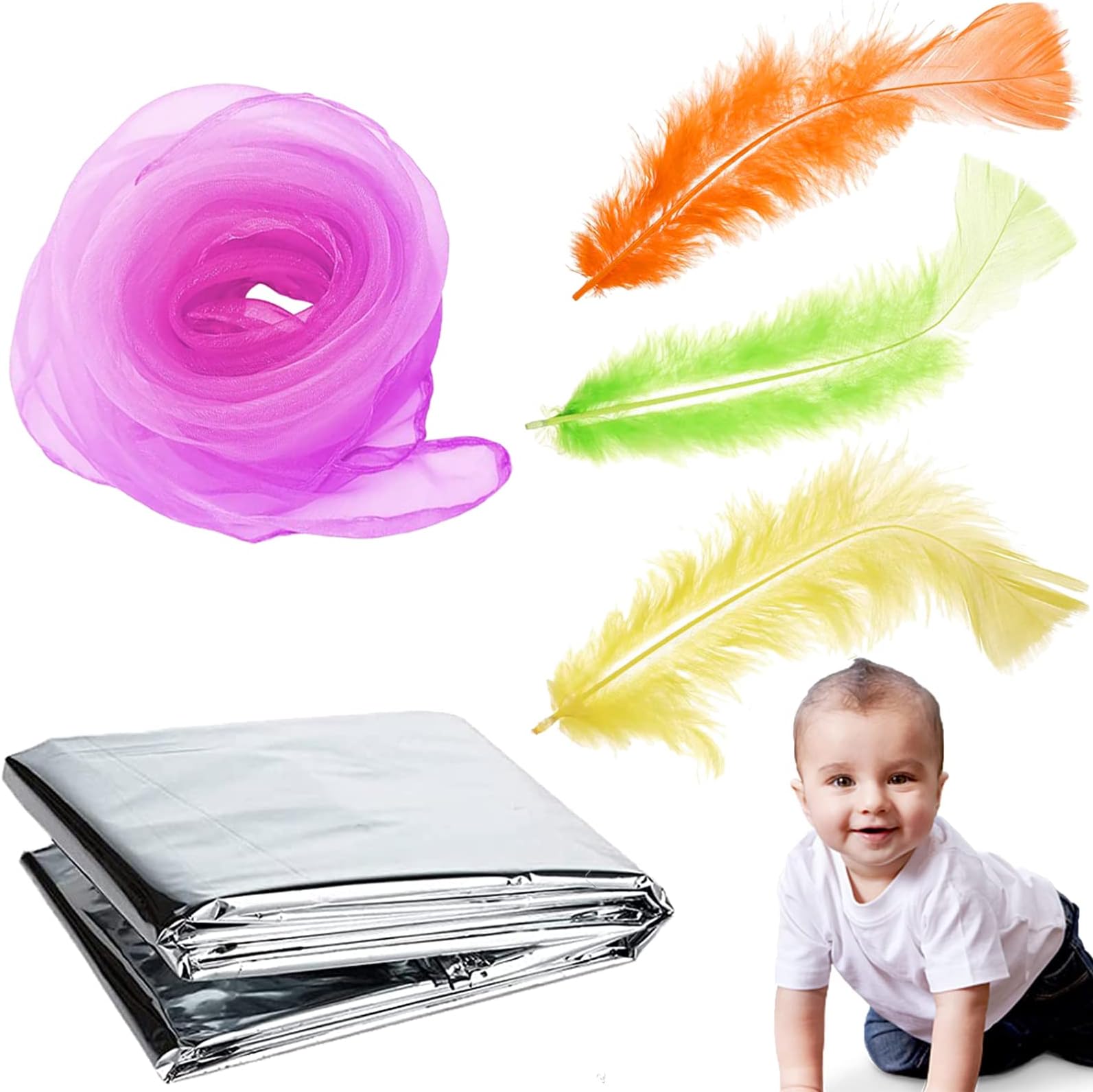 5 Pieces Baby Sensory Toys, Sensory Scarf Feathers and Foil Blanket Set, Sensory Play for Babies Newborn Infants and Toddlers Color Recognition Christening Shower Gift Presents Party Supplies-Pink