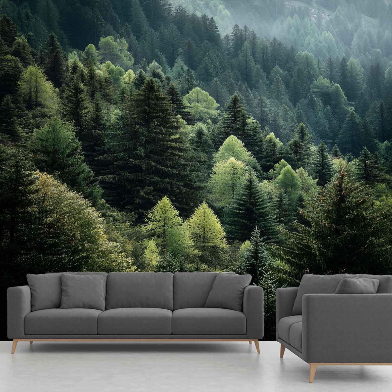 Papier peint panoramique forêt de pins brumeuse intissé pour salon 250x352cm
