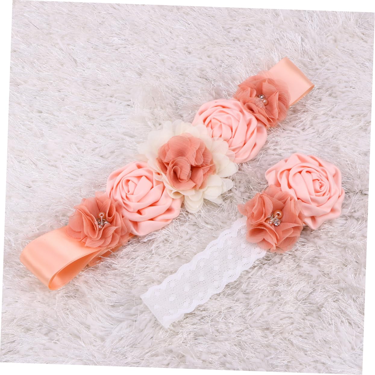 LIFKOME 6piezas Cinturón De Flores Para Rhinestones y Perlas Juego Cinturón y Diadema De Satén Para Bodas y Elegantes