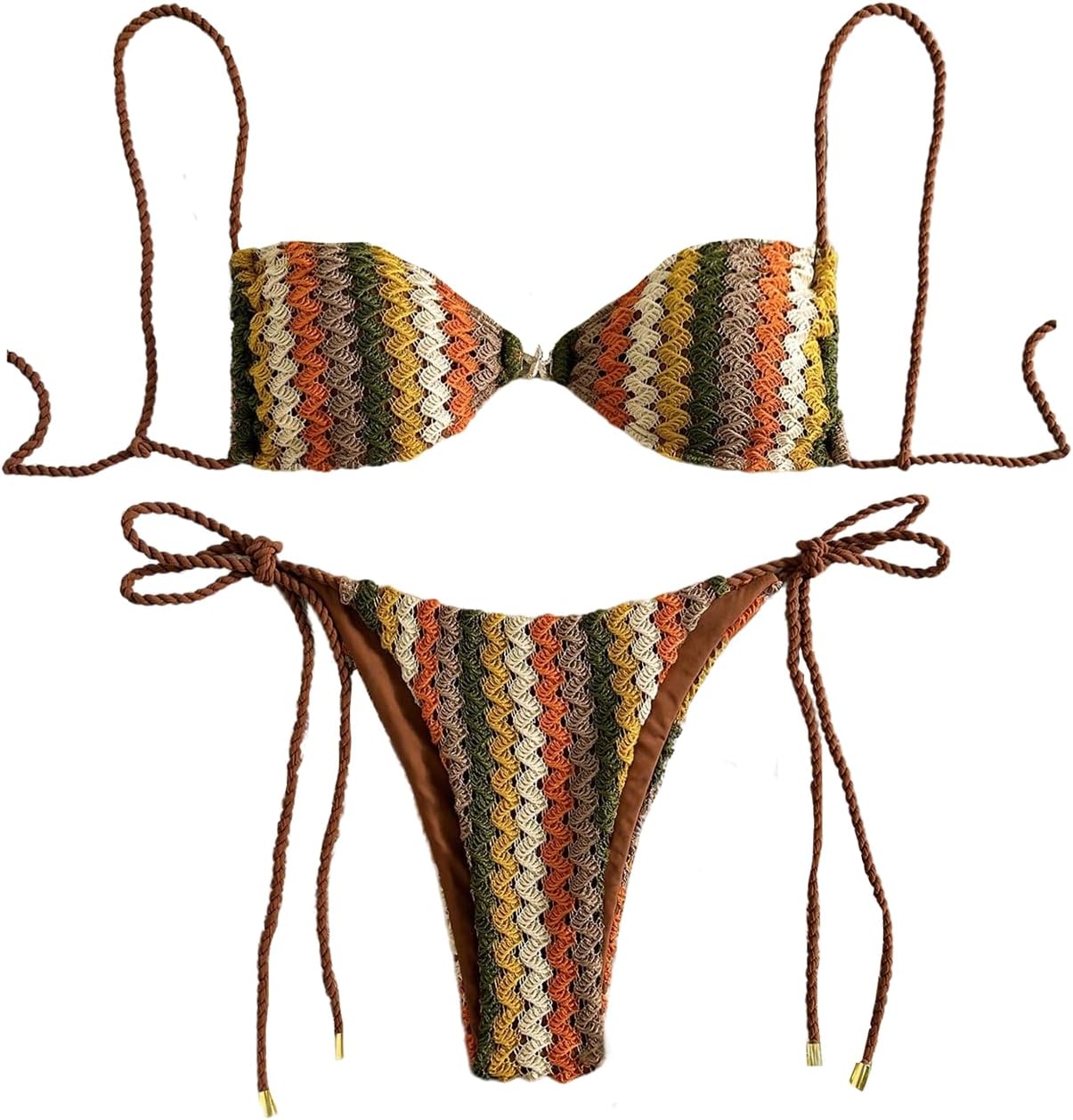 GORGLITTER Women's High Cut String Thong Bikini Set Colorful Striped Cheeky Boho Swimsuit Bathing Suit