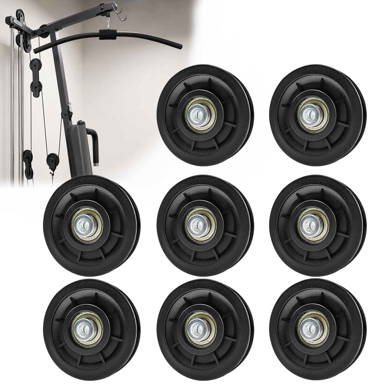 Umlenkrolle 90mm 8 Stück, Nylon Seilrolle Universallager Riemenscheibe, DIY Schwarz Ersatzteil Drahtseilrolle für Gym Fitnessgeräte Kabelmaschine