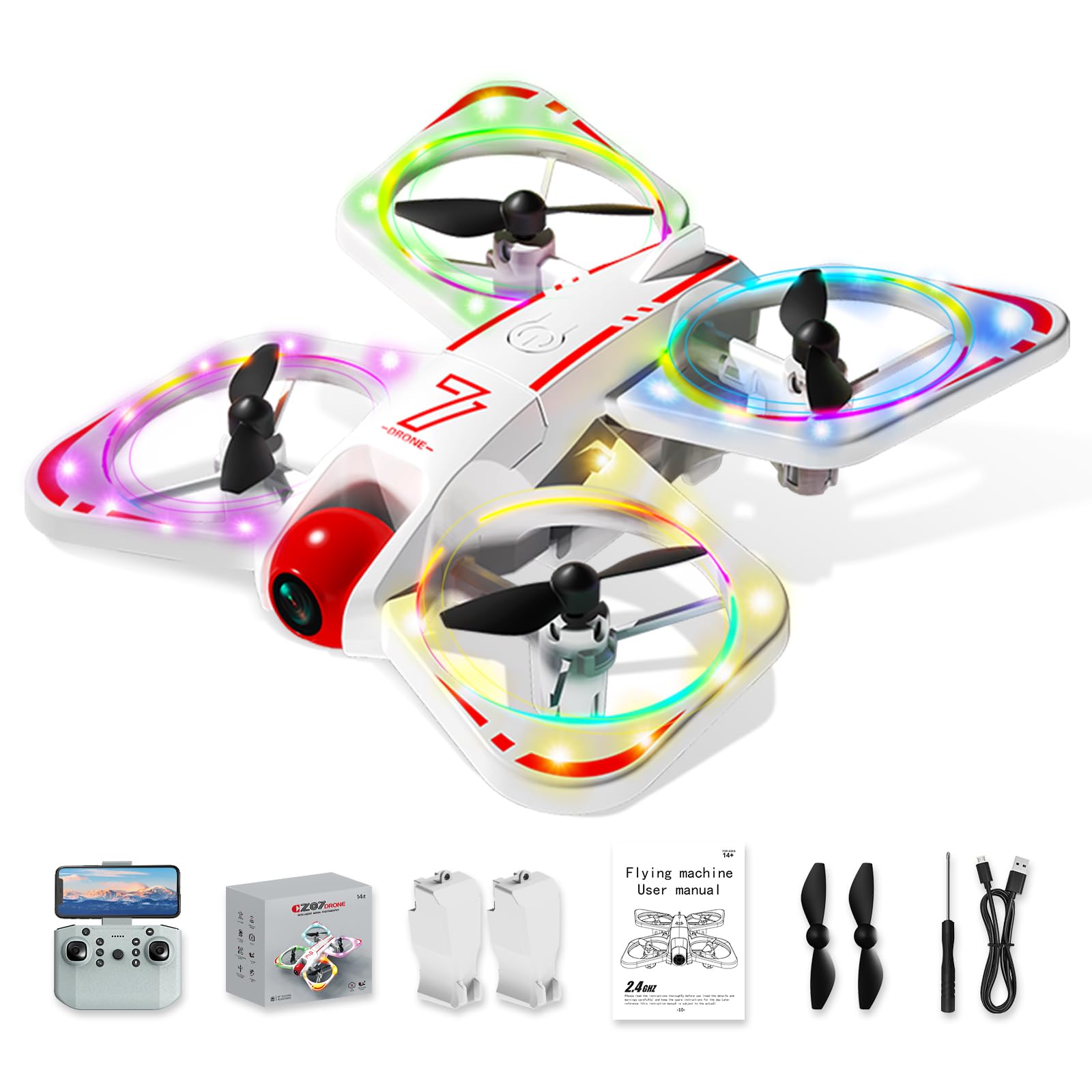 A Alpha Mini Drone con CÔmara 720P para Niños, Drone RC para Principiantes, Quadcopter con Protección de Hélices, Giros 360°, Luces LED, Drone Juguete para Interior y Exterior