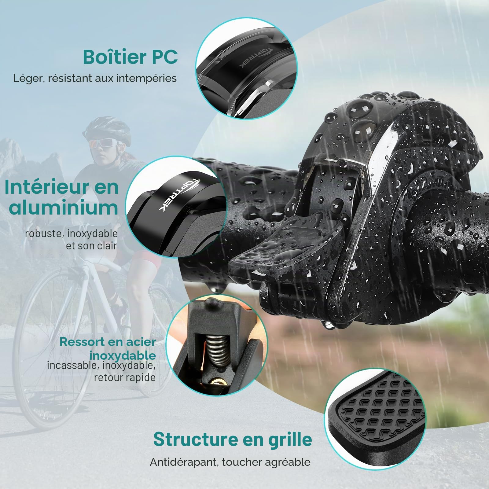 toptrek Sonnette de vélo de montagne innovante en alliage d'aluminium - Mise à niveau 2026 - 110 dB - Sonnette de vélo puissante - Pour vélo de route, vélo électrique et VTT - Guidon de 22,2 à 31,8 mm