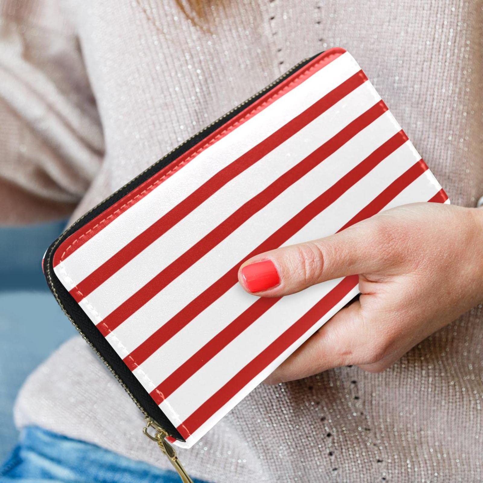 Cartera de cuero con cremallera larga con rayas rojas y blancas, multicolor, 20.5x2.5x11.5cm/8.07x1x4.53 in, Clásico