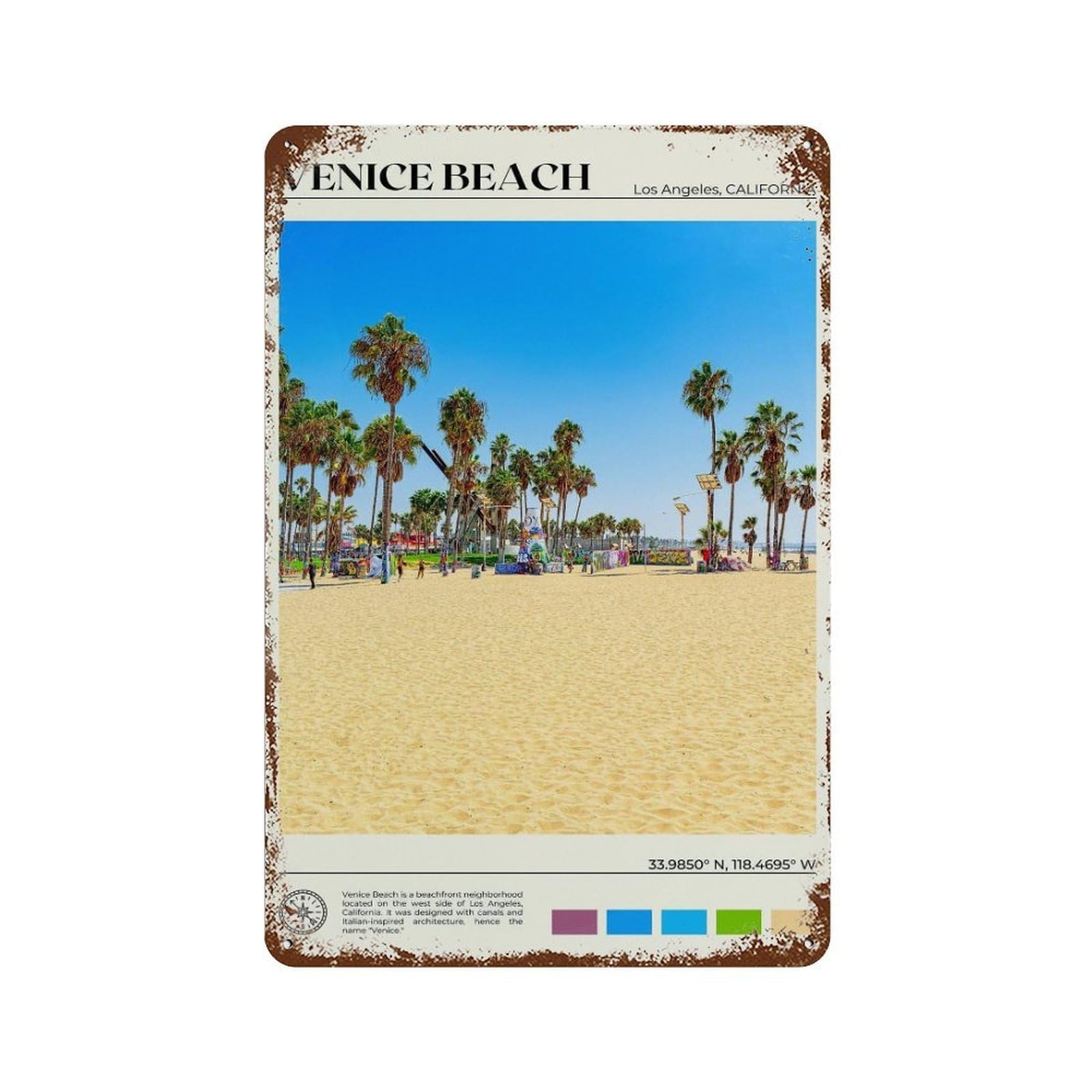 xiaoxiaoshen Real Photo Venice Beach California Wall Decor Art Metal Tin Poster Modern Home Decor Art Home Bar Shop Decorations Vintage Sign 30x20cm