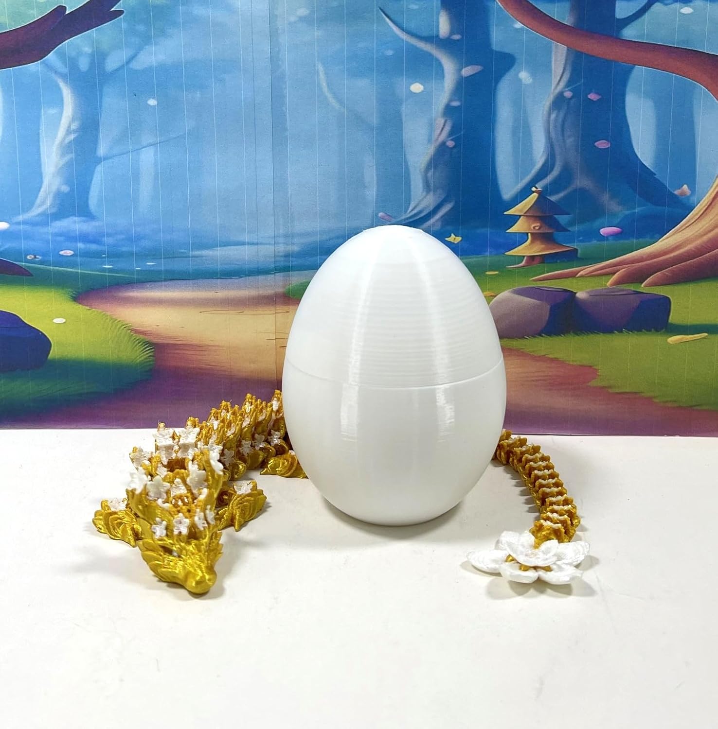 Generic 3D Printed Dragon with Dragon Egg, 12"" Gold and White Cherry Blossom Articulated Dragon, Fidget ADHD Autism Toy Executive Desk Toy D032-DR