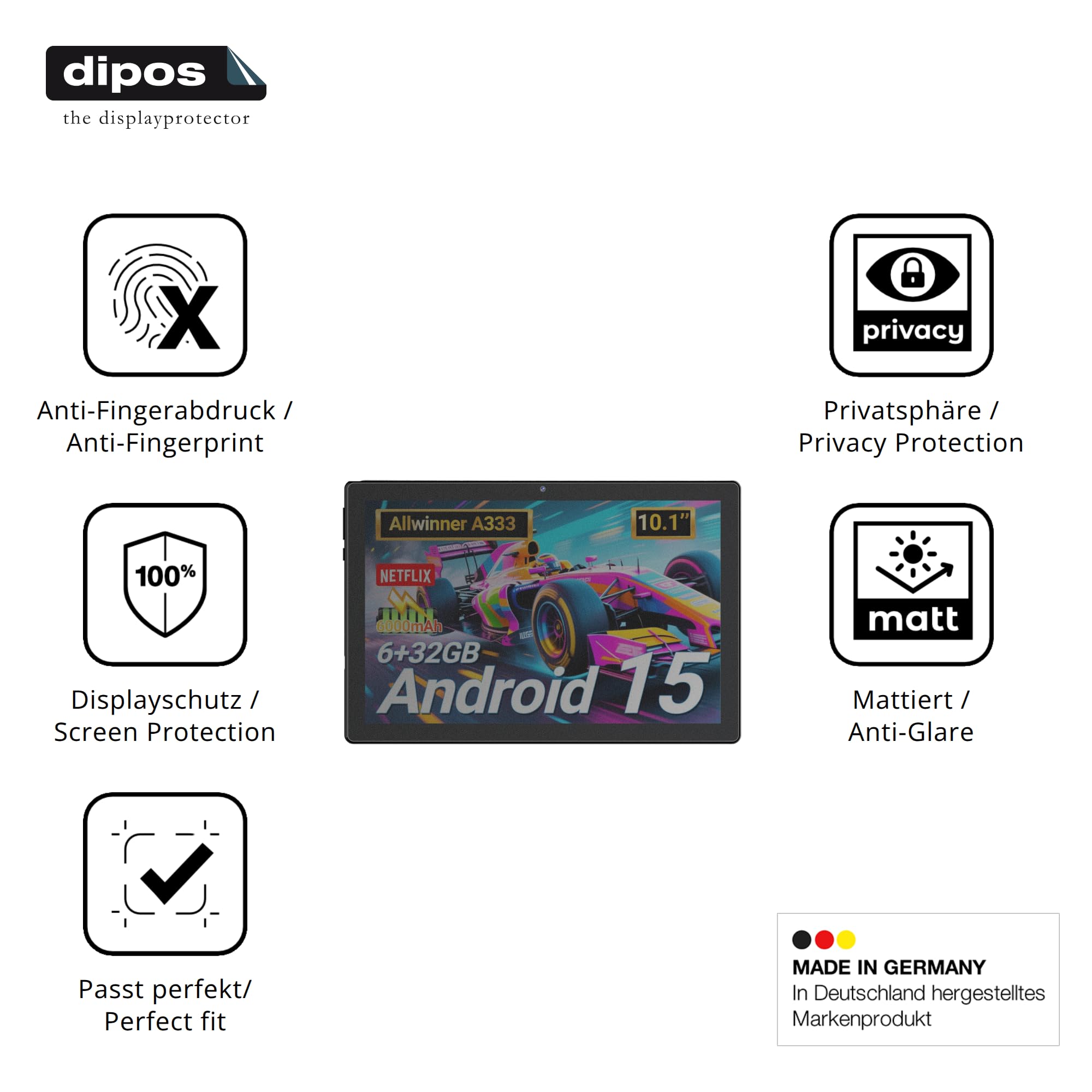 dipos Protector de Pantalla Antiespía para DigiLand MID1050 | Película protectora mate, filtro de privacidad 4 vías, ajuste perfecto, antiarañazos, sin burbujas, autoadhesivo