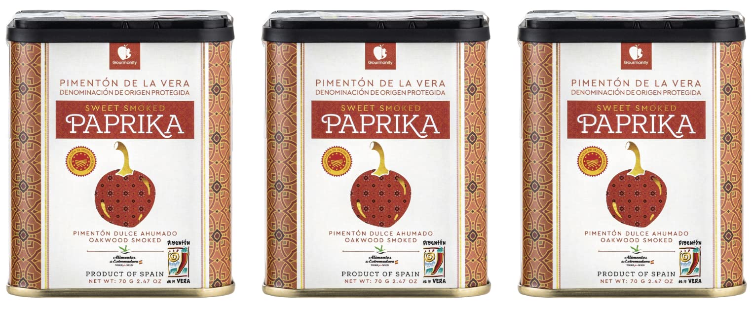 Gourmanity 70g Sweet Smoked Spanish Paprika Tin Pack of 3, Pimenton De La Vera Dulce, Sweet Smoked Paprika Powder, Smoked Paprika Seasoning, Sweet Paprika Powder, Sweet Spanish Smoked Paprika Pimenton
