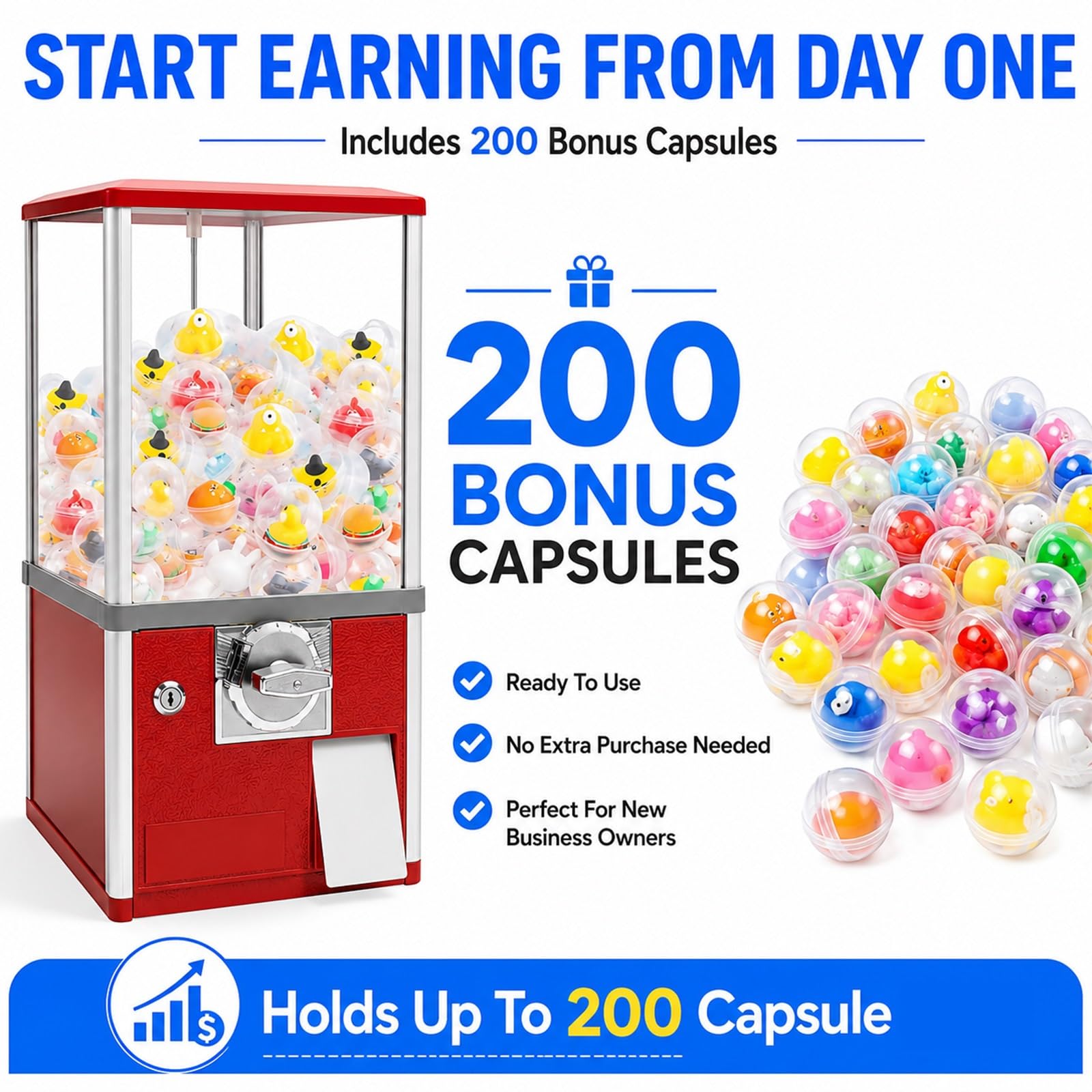 Distributore Automatico a Monete per Capsule, Vending Machine Commerciale con Capacità 200 Capsule e Cassaforte da 800 Monete, Dispenser Caramelle da Banco per Negozi Sale Giochi(Blue)