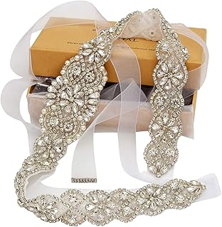 yanstar Bridal Belt Hand Rhinestone Wedding Belt Clear Crystal 22In Length with White Organza Ribbon for Wedding Dress - Buy now
