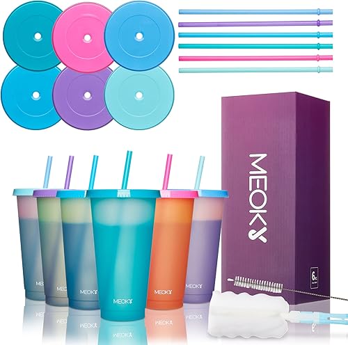 Miniatura 6 de Meoky Paquete de 12 vasos de plástico con tapas y pajitas reutilizables de 24 onzas que cambian de color para adultos y niños vasos de café frío