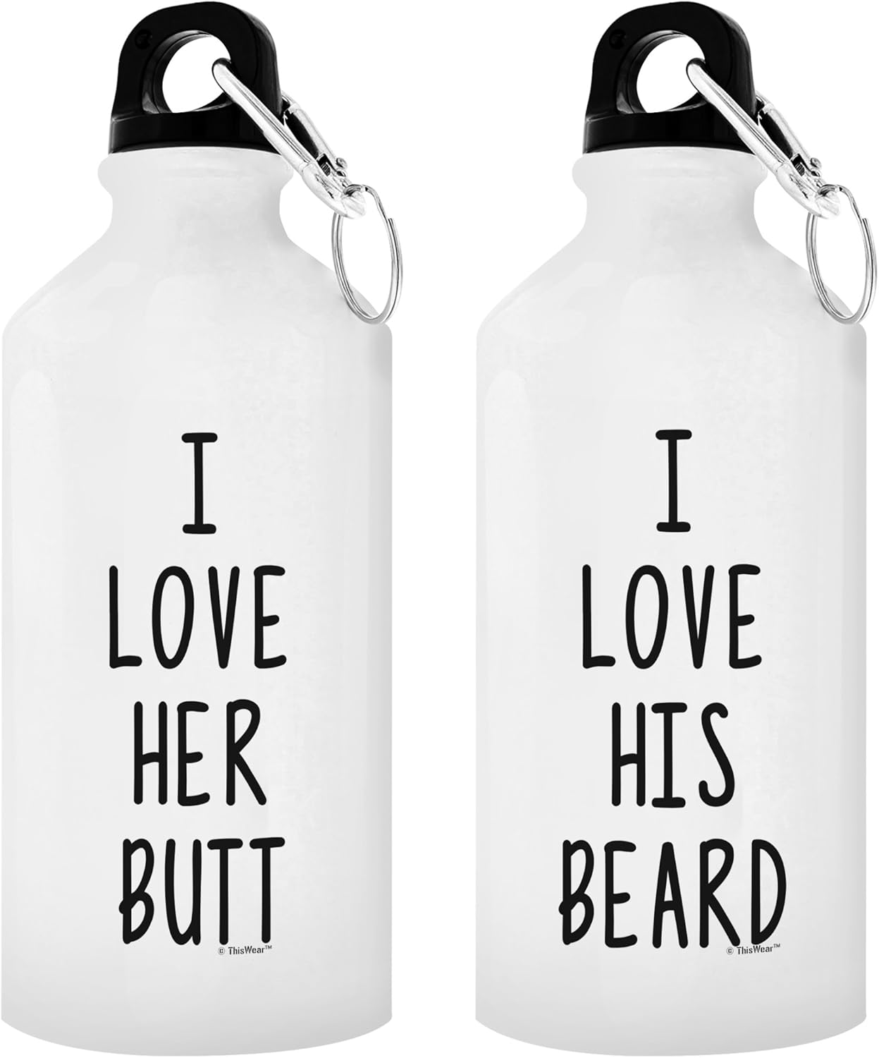 Unique Wedding Idea for Bride and Groom I Love Her Butt I Love His Beard Matching Couple 2-Pack Aluminum Water Bottles with Cap & Sport Top White