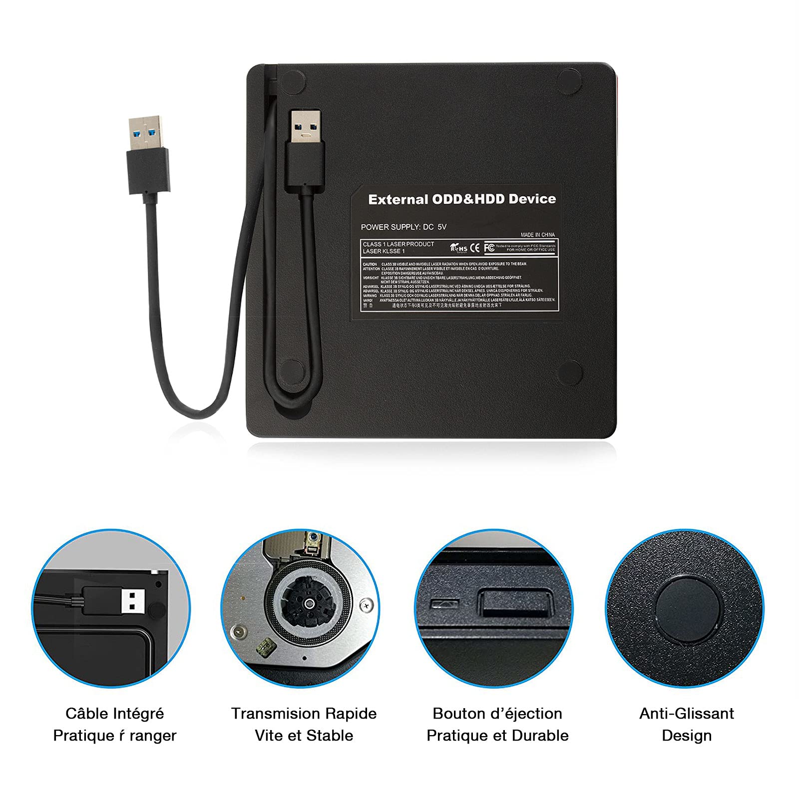 Cocopa Lecteur DVD Externe, USB 3.0 Graveur Enregistreur Portable CD Rom +/-RW Mince Player Transmission Rapide Câble USB Intégrée Win7 10 Mac Os Apple iMac Macbook Laptop PC