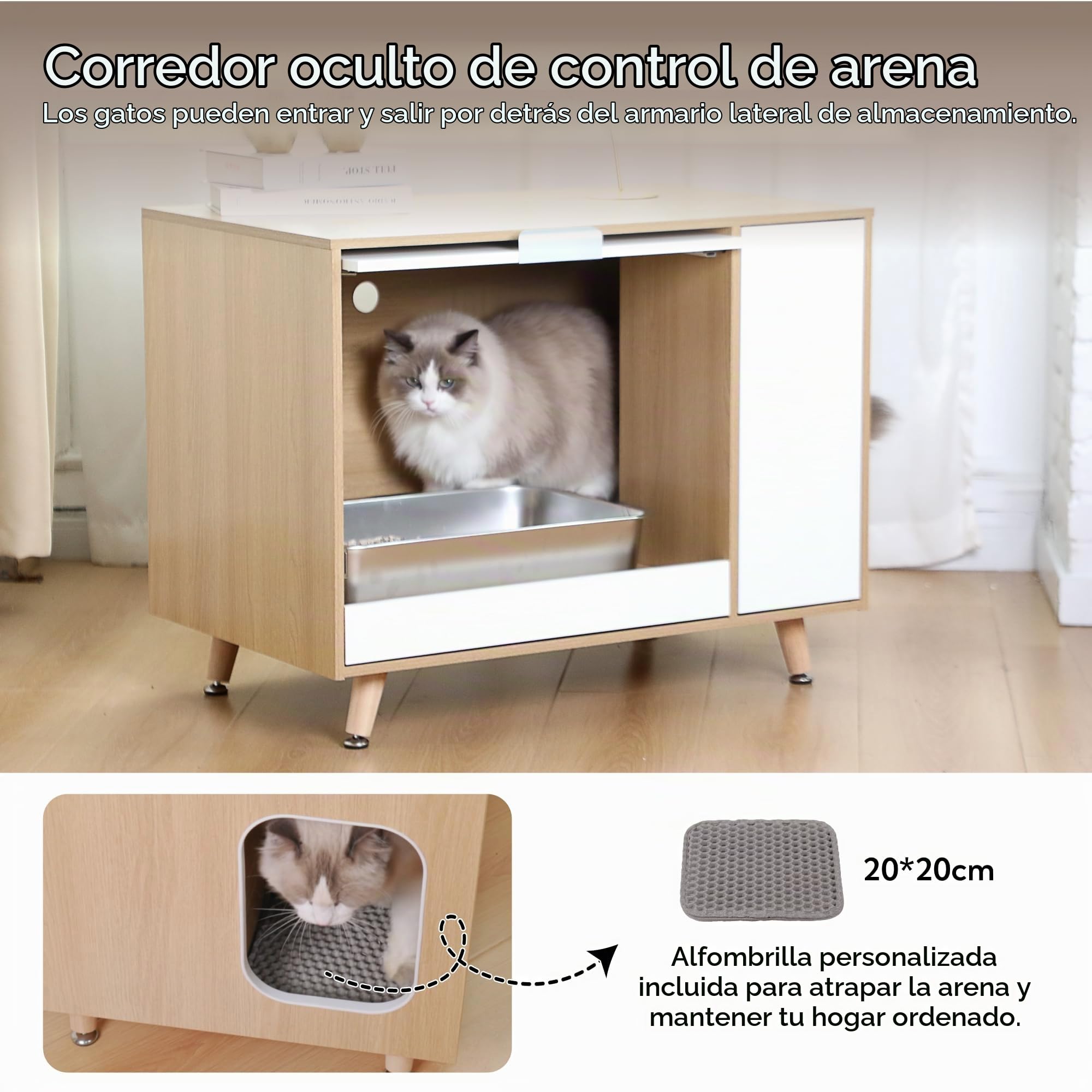 Mueble Arenero para Gatos, Mueble para Esconder la Arena con Puerta Abatible y Bandeja Extraíble, Casa para Gatos con Entrada Lateral y Almacenamiento, Tono Madera