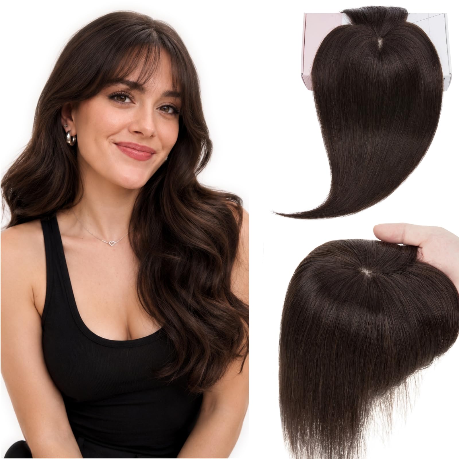 Rich Choices Pony Haarteile Echthaar für Damen Remy Human Hair Topper Echthaar 360°3D‑Abdeckung Haartopper Natürlicher Haarwirbel Oberkopf Clip in Haarteile mit Pony 25cm #2 Dunkelbraun