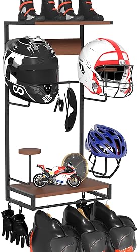 Soporte de pared para casco de motocicleta, soporte rústico para casco con 4 soportes para sombreros y 2 estantes de madera, accesorios de