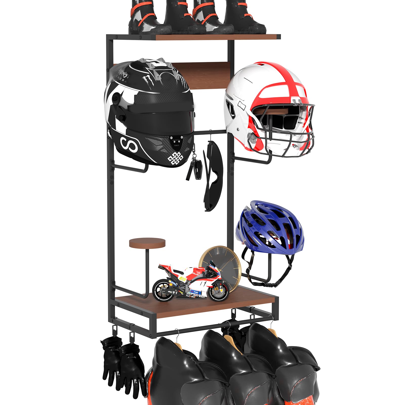 Porta Casco da Parete Con 2 Tavole in Strato di Legno - 4 Supporti per Casco Tattico, Moto, Calcio e Ciclismo - Appendi Cappelli