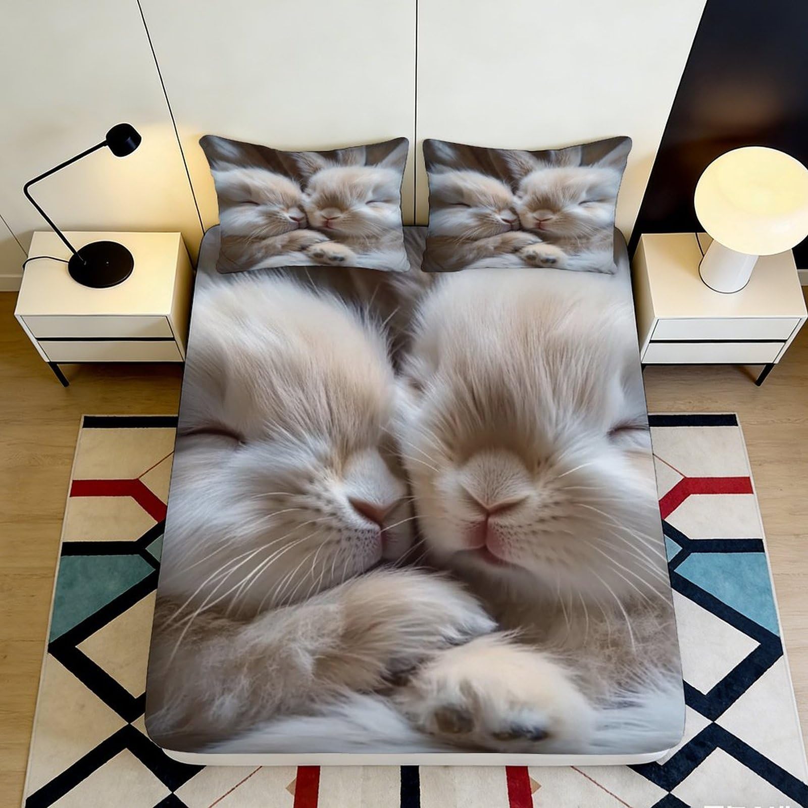 3D Printed Sleeping Cats Fitted Sheet Microfiber Soft Breathable Cozy Kittens Bed Cover for Bedroom Dormitory Guest Room Mattress Protection Decor 180x200x25cm