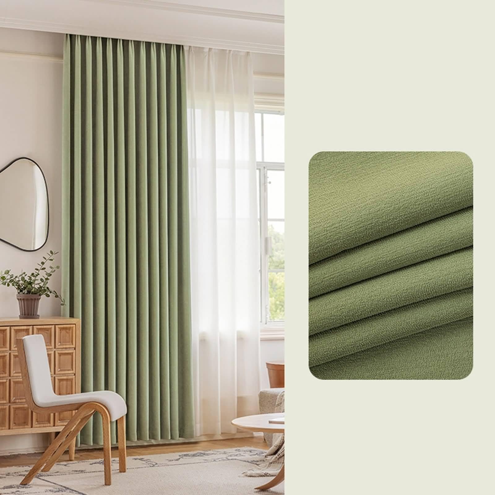 Gładka zasłona zaciemniająca, zielone zasłony zaciemniające awokado jednolity kolor szenilowy 2 panele 132W x 138 L cm