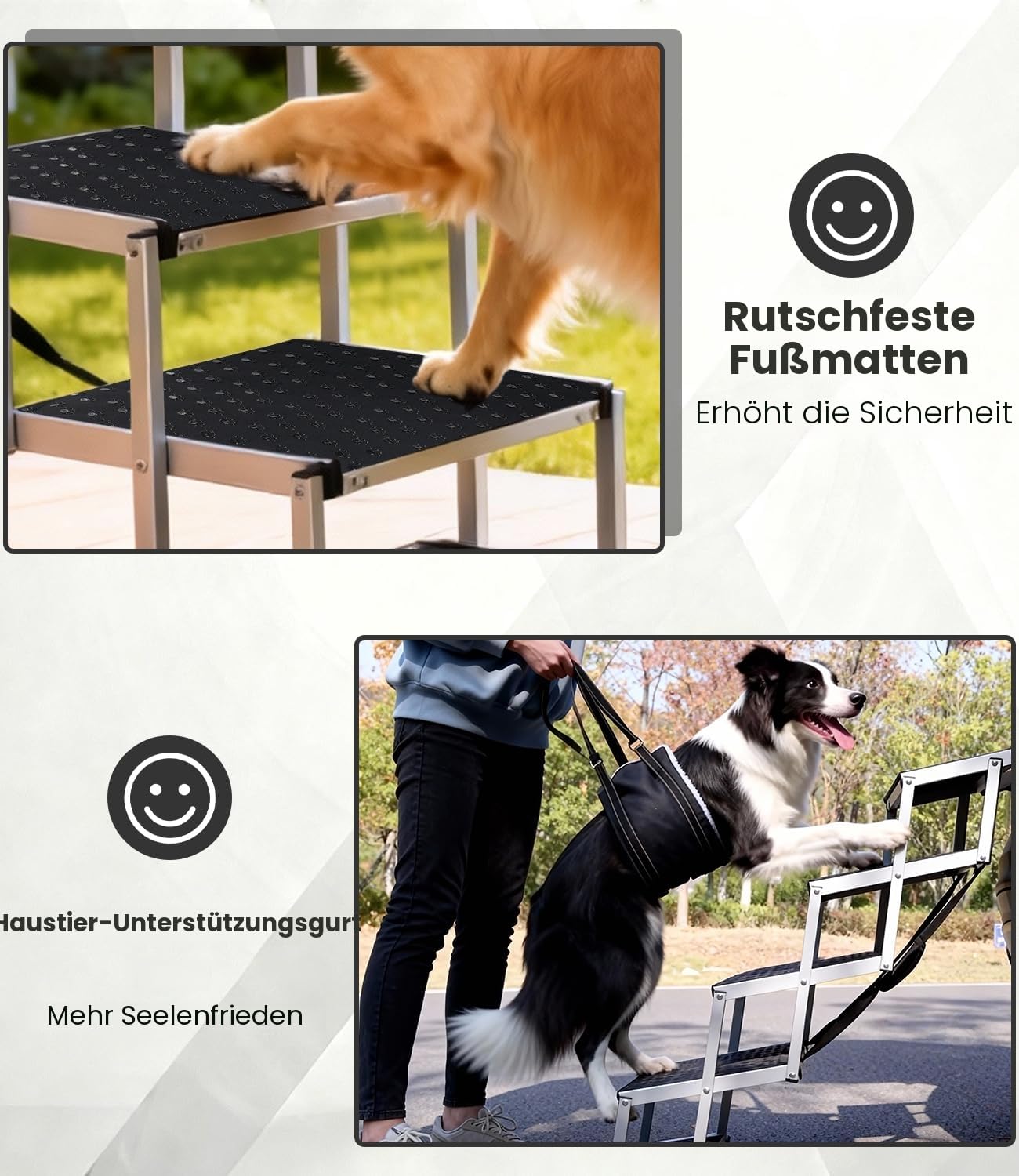 Hundetreppe Auto, Hunderampe Auto klappbar, Haustiertreppe mit Hundeliftgeschirr, 5 Stufen Hundetreppe Große Hunde bis 80kg, Rampe Hunde Treppe für die Für Kleine, Mittlere, Große