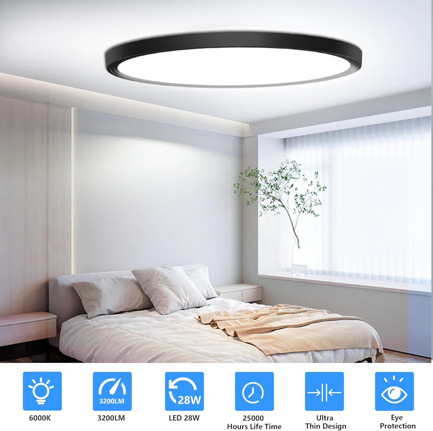 Flush Mount Ceiling Light Fixtures,12inch Flat led Light for Ceiling,6500K 3200LM Ultra Thin Round Black Lamp for Bedroom Kitchen,Bathroom,Garage,Living Room, Dining Room - 2PCS