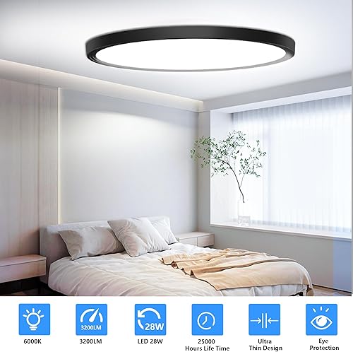 Miniatura 3 de Lámpara de techo de montaje empotrado, luz LED plana de 12 pulgadas para techo, 6500K 3200 lúmenes, lámpara redonda negra ultra fina para