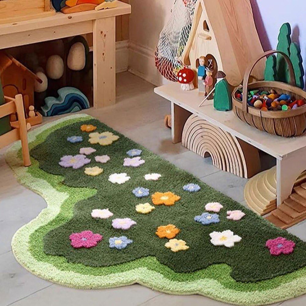 Wellenförmiger Grüner 3D-Blumen-tufting-Teppich, Weicher Tufting-Sofa-Teppich, Saugfähig, rutschfest, Raumboden, Fußmatten, Nachttisch-teppiche, Fußpolster, 60 X 120 cm