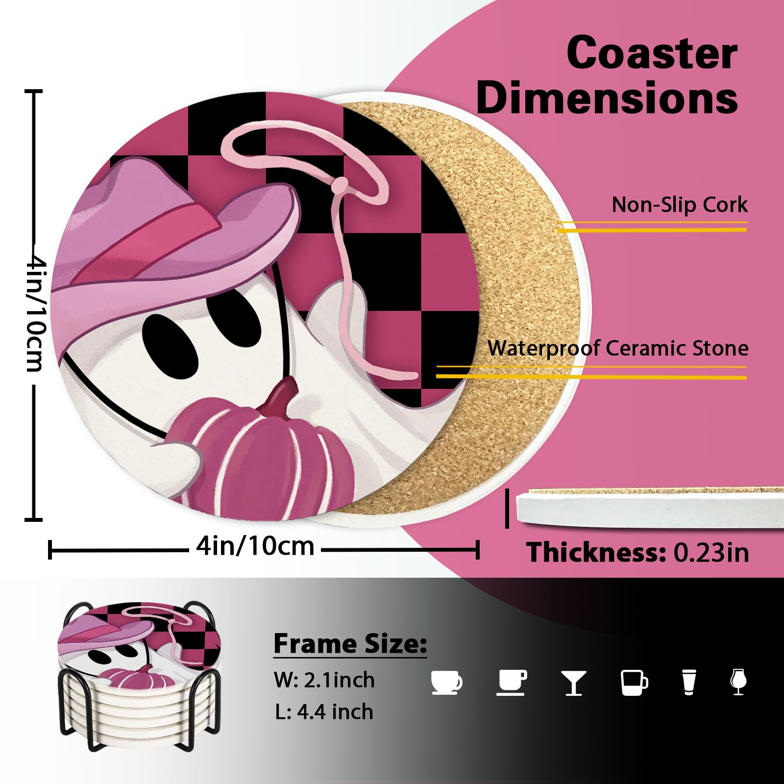6-Pack Halloween Coasters With Holder - Pumpkin & Ghost Ceramic Coasters With Cork Back, Anti-Slip, 4 Inch Round