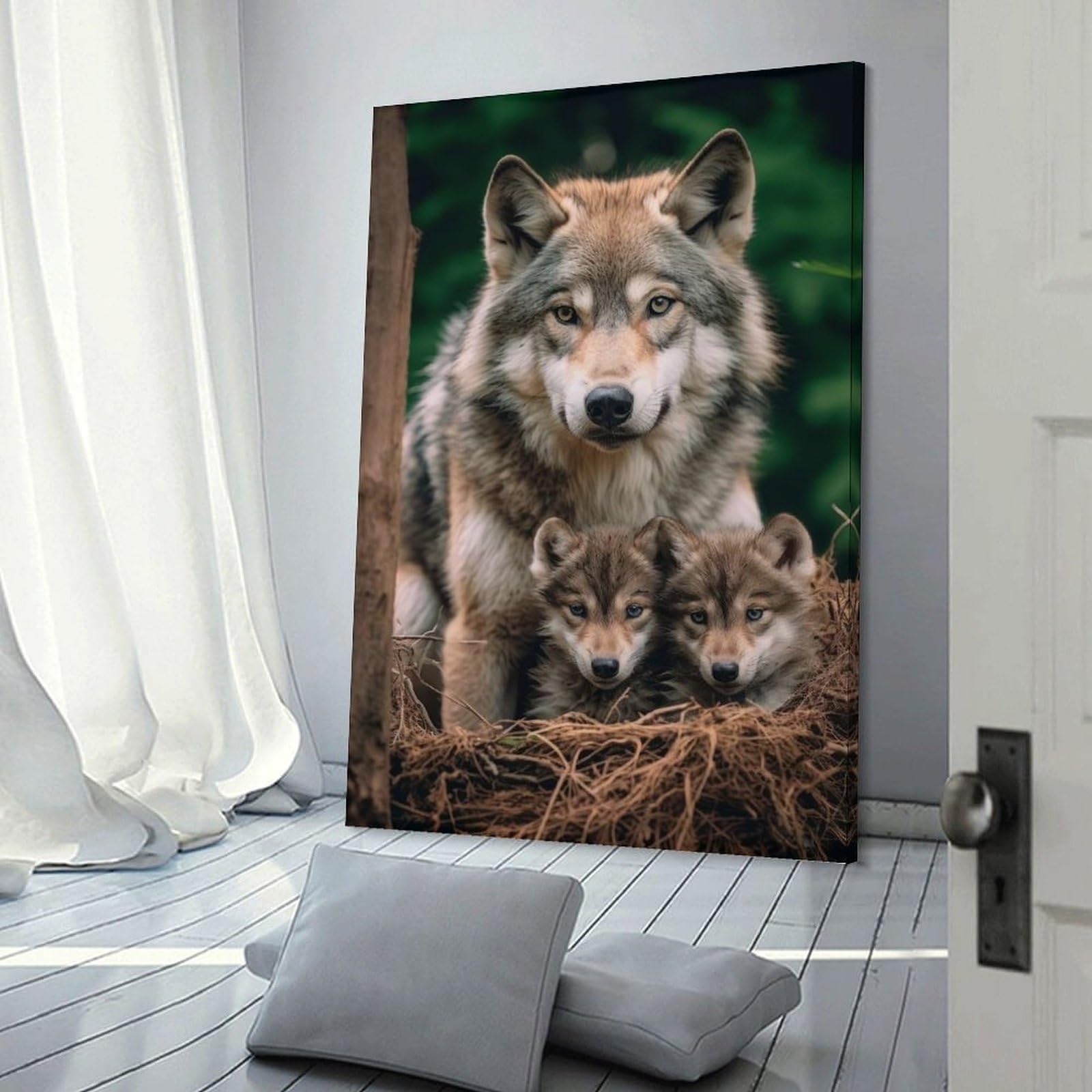 Junmoney Wolf With Pups Canvas Wall Picture 24x36inch(60x90cm), for Study, Office Or Focused Interiors, Home Office Artwork with Decorative Appeal