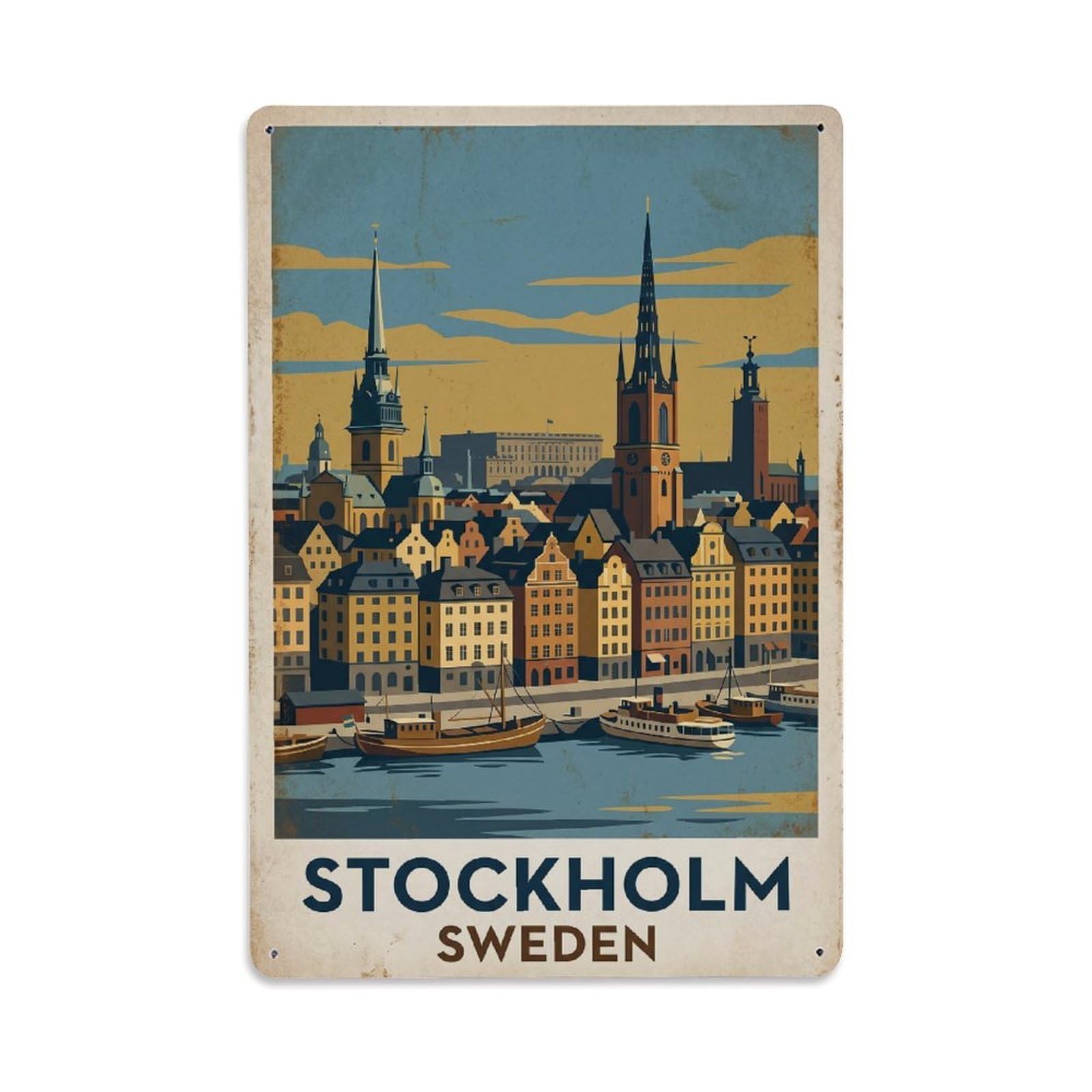 Vintage Travel Stockholm Sweden Cityscape 1 Metal Tin Sign