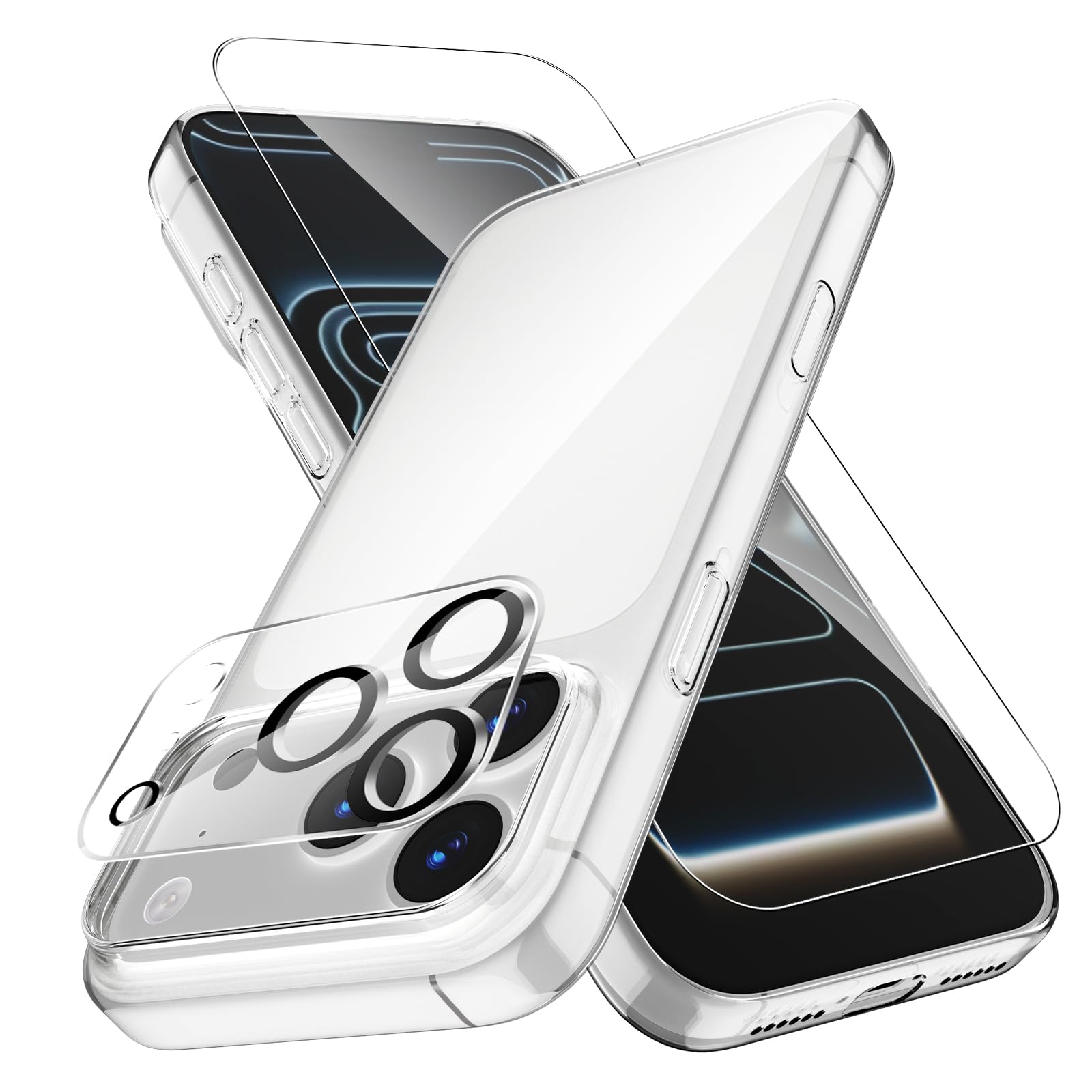 【1+1+1セット】For iPhone 17 Pro Max ケース+ガラスフィルム+カメラフィルム Mosasa 超薄型 クリア カバー 保護フィルム レンズ保護 衝撃吸収 9H硬度 飛散防止 自動吸着 気泡ゼロ 高透過率 高感度 透明 超高質感