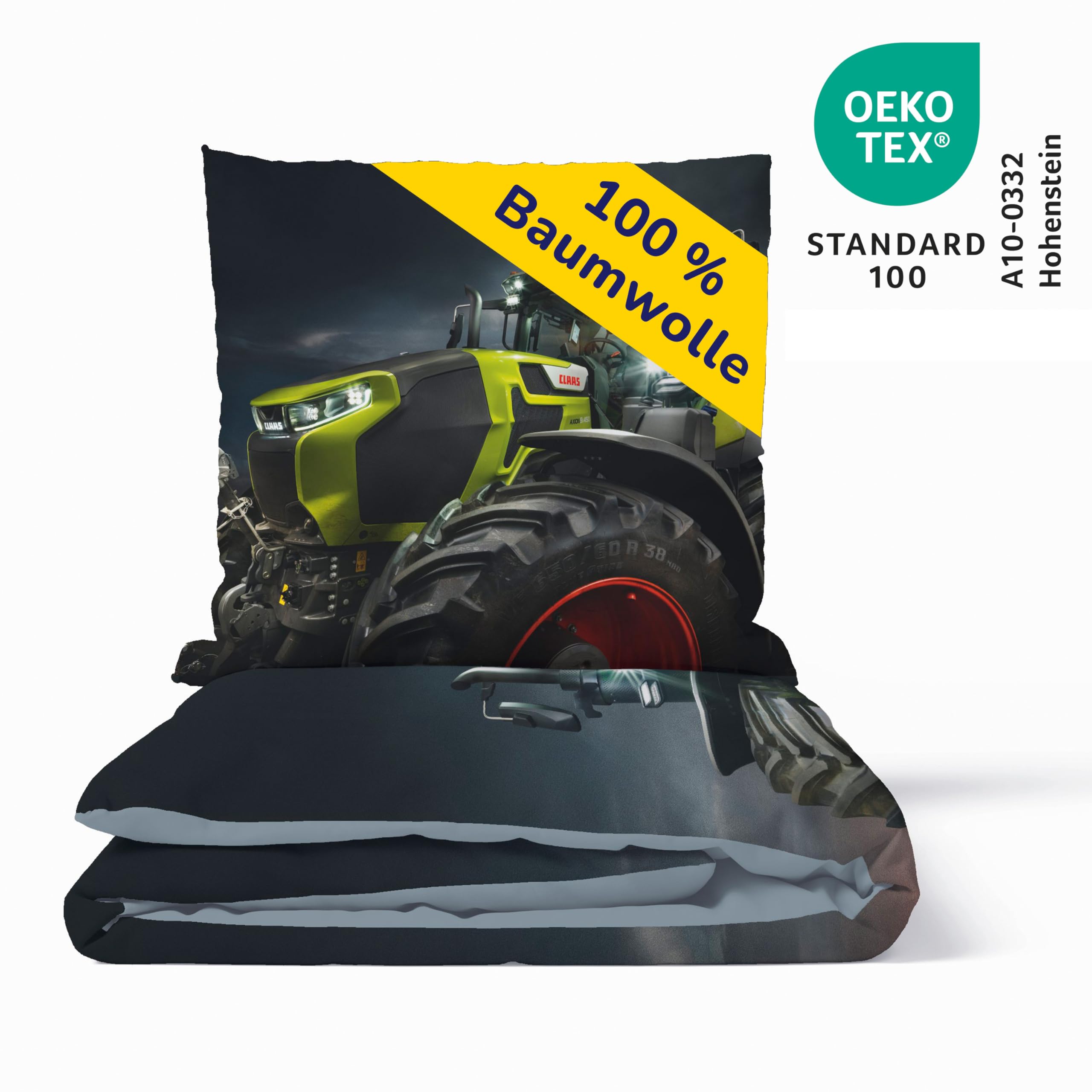 Träumschön Premium Jungen Bettwäsche 135x200 + 80x80 cm - CLAAS Axion Traktor Motiv - Sommer Bettwäsche aus Baumwolle – Weich