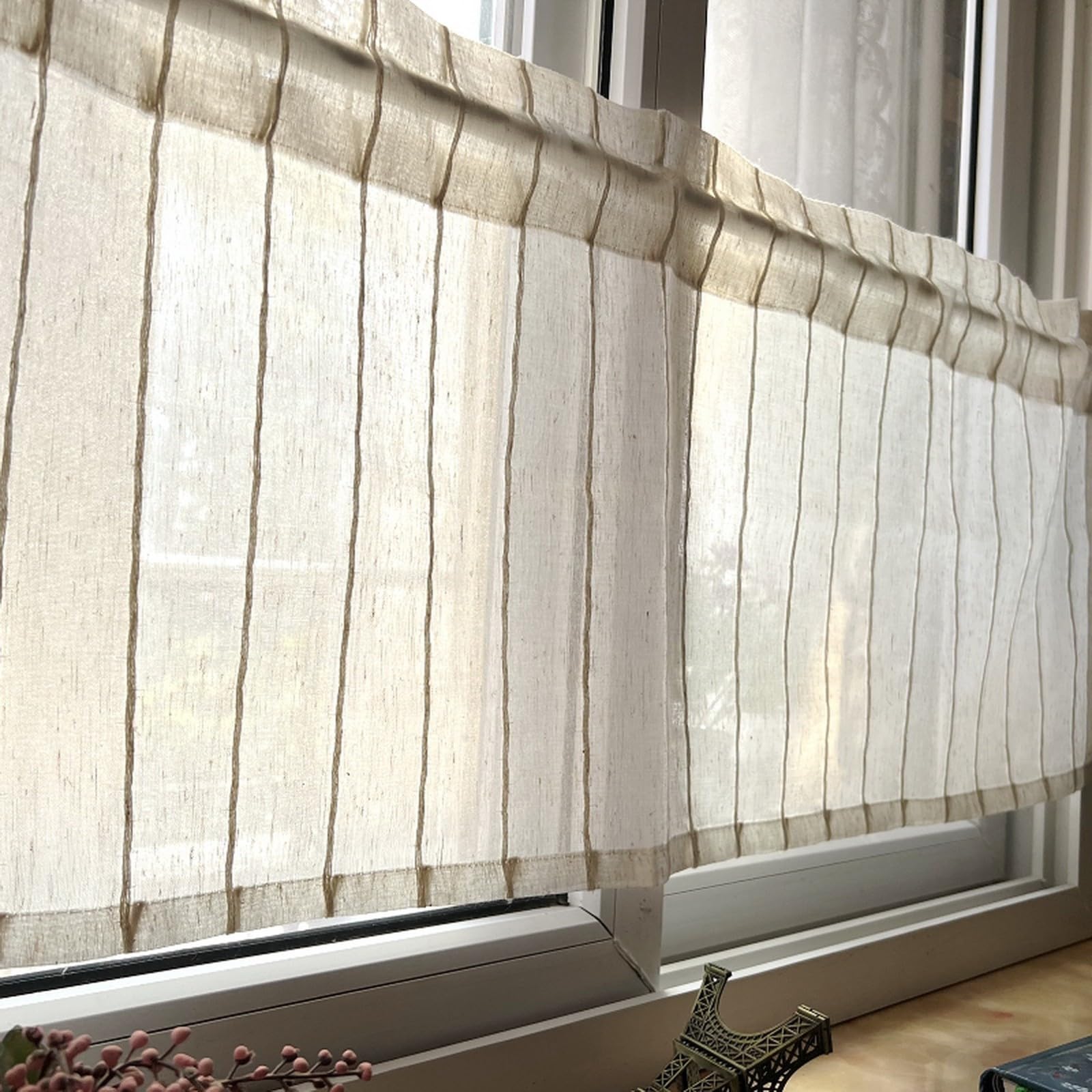 A.Monamour Gardine Scheibengardinen Kurzstores Halbtransparenter Gestreifter Voile Vorhang Kurzvorhang Kurzgardinen Küchengardine Küche Vorhang Fenster Kurz Stores Bistrogardine