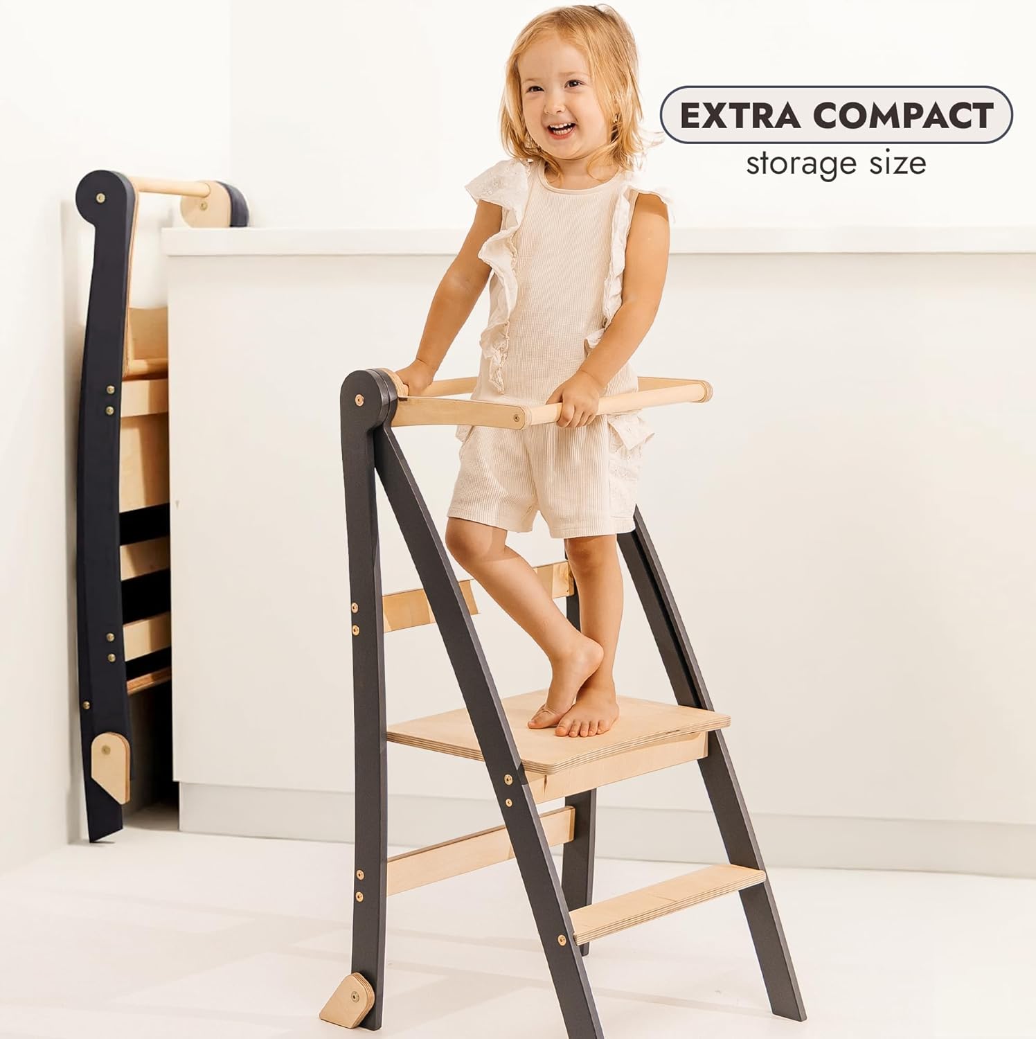 wooden montessori foldable toddler standing stool – space-saving step stool for children with anti-tip protection, stool for children, foldable kids' step stool graphite slim