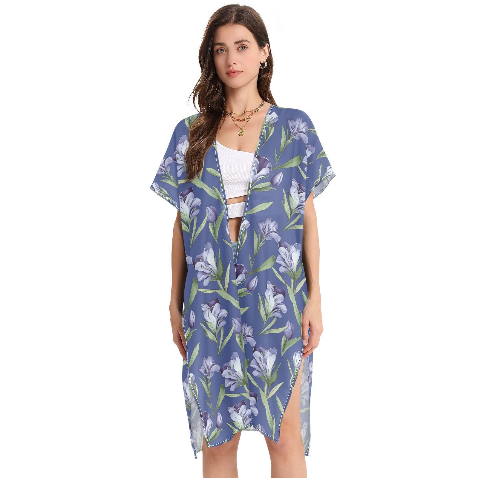 Violet Flowers Green Leaves Cover Ups for Swimwear Women Long Swimsuit Cover Up Honeymoon Essentials L size