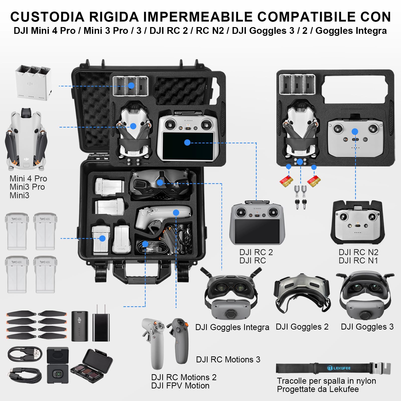 Lekufee Custodia Rigida Impermeabile per DJI Mini 4 Pro/3 Pro/Mini 3 Drone,DJI RC 2/N2/N1,Goggles 3(Non per Goggles N3)/2/Integra, RC Motion 2 e Accessori (Solo Valigia)