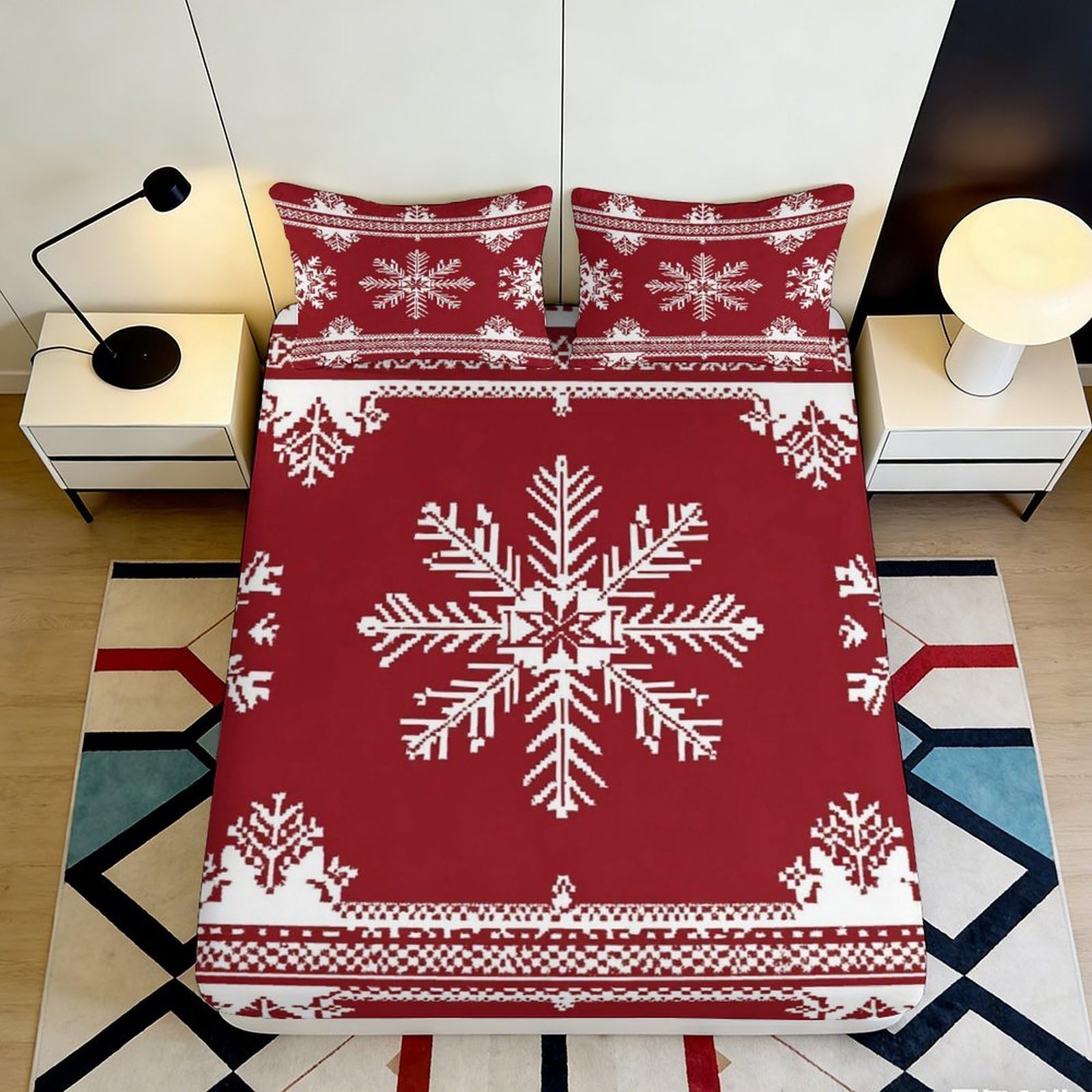 3D Printed Snowflake Pattern Fitted Sheet Microfiber Soft Red Christmas Nordic Bed Cover Bedroom Dorm Decor 90x200x25cm