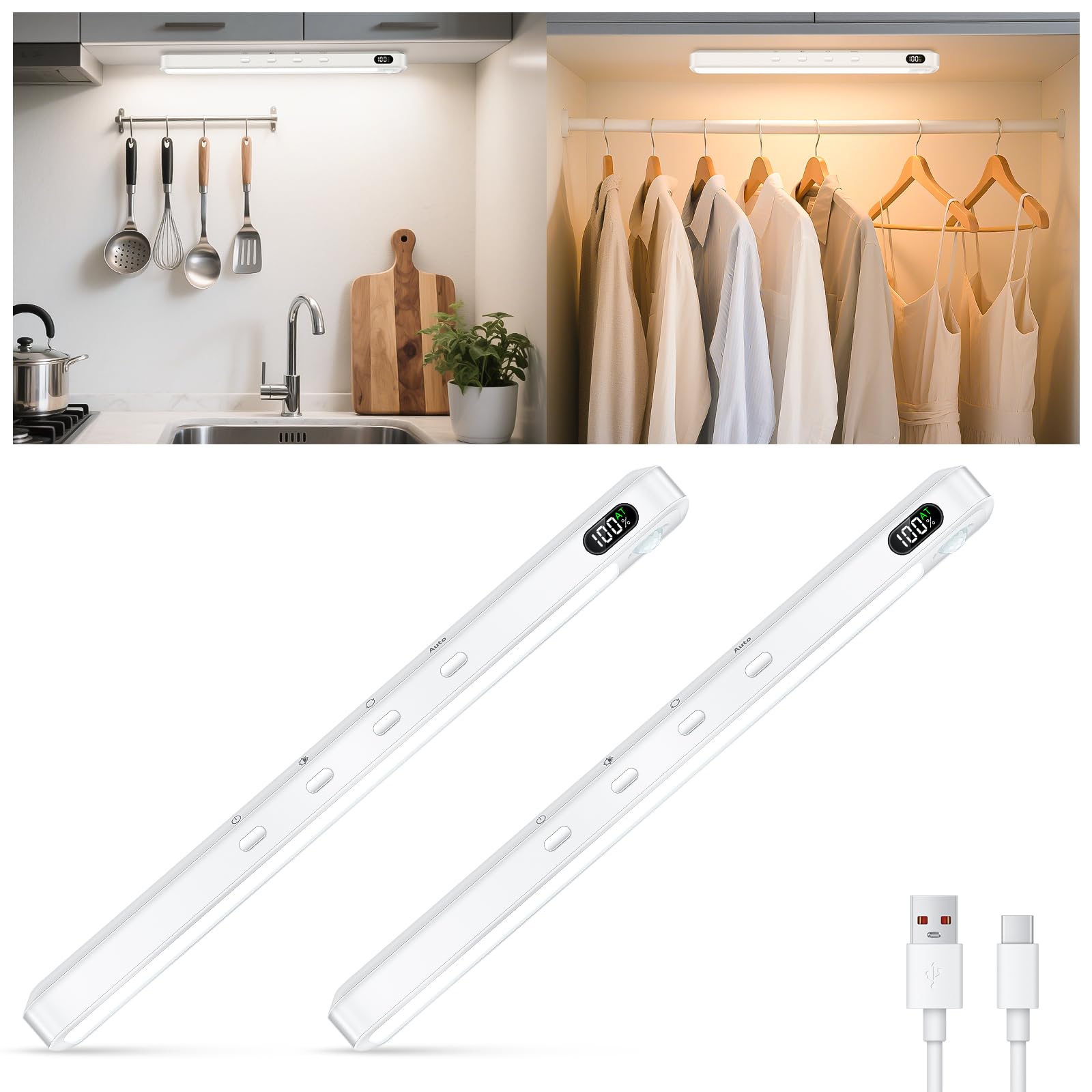 WILLED Unterbauleuchte Küche LED Schrankbeleuchtung mit Bewegungsmelder,1800 mAh Aufladbar 3 Farbmodi Dimmbar Kabellos Schranklicht USB Wiederaufladbar für Küche,Kleiderschrank,Schlafzimmer,2 Stück