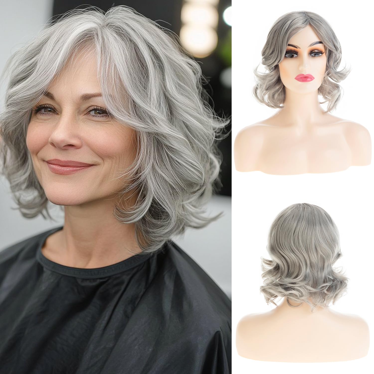 Short Grey Bob Wig for Women Shoudler Length Natural Wavy Heat Resistant Synthetic Daily Party, gray, Medium (21-22 inches)