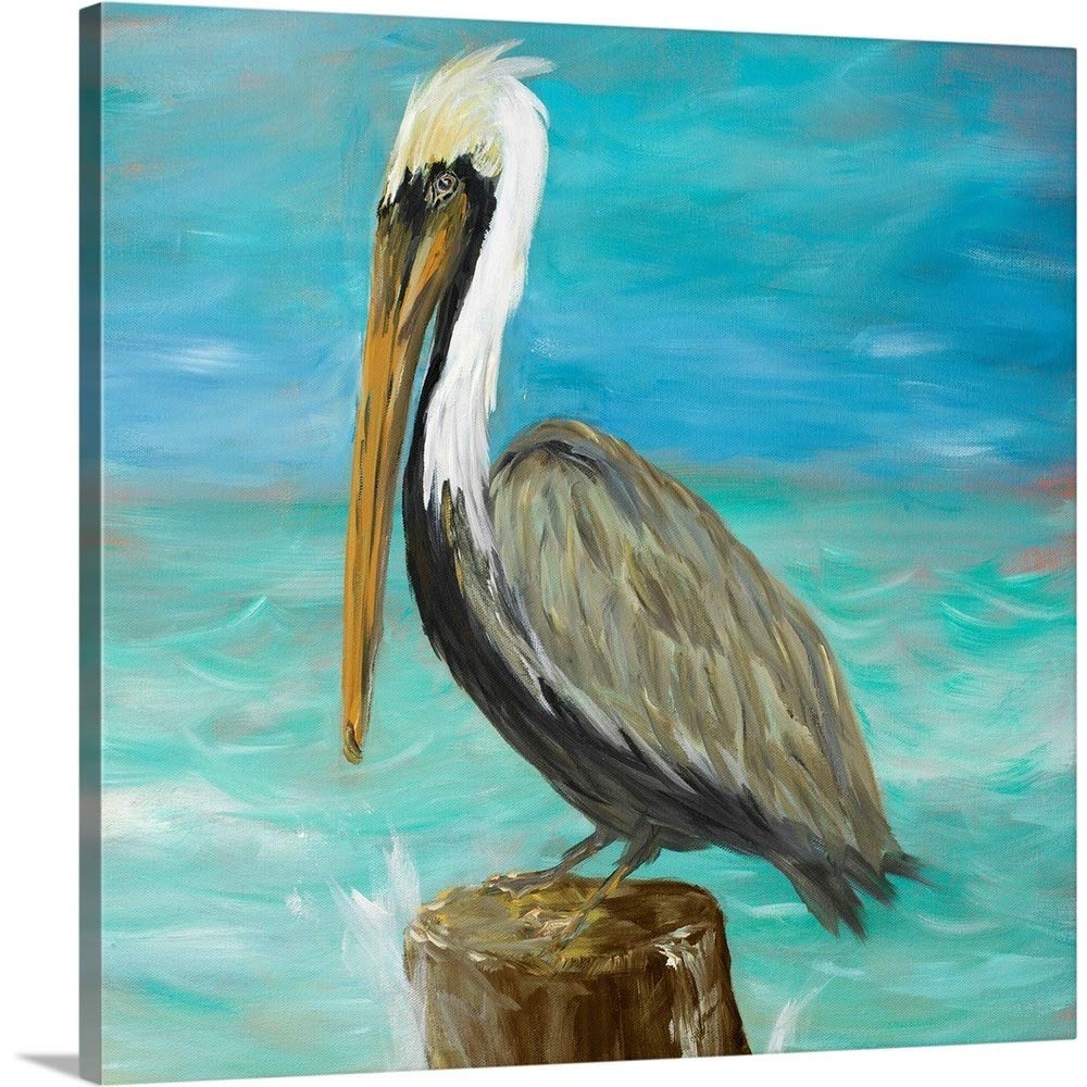 CANVAS ON DEMAND Pelicans On Post I Canvas Wall Art Print by Julie Derice, Coastal, Home Decor, Animals, Bird Artwork,16" x16in