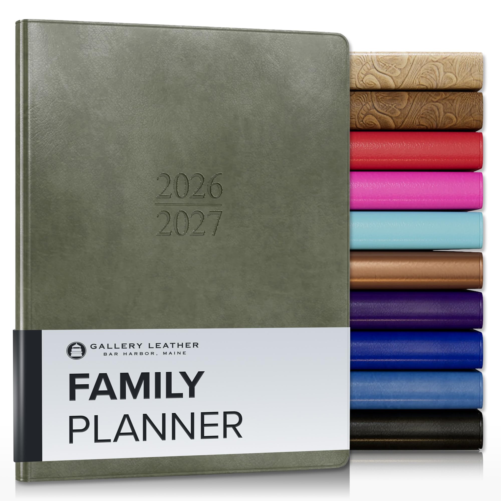 Gallery Leather Agenda familial 2027 Acadia Cactus | Calendrier et carnet de notes pour mamans avec bords blancs élégants, 18 mois – 22,9 x 17,8 cm