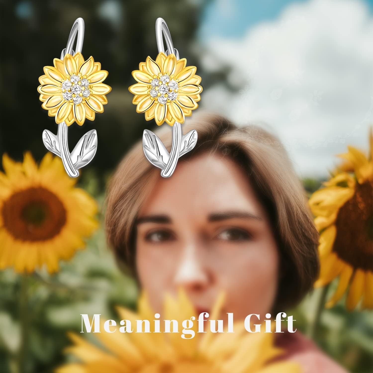 BriLove 925 Sterling Silver Cubic Zirconia Sunflower Daisy Flower Hoop Leverback Earrings for Mom Women Daily Wear/Mothers Day/Valentines Day/Birthday/Christmas/Anniversary