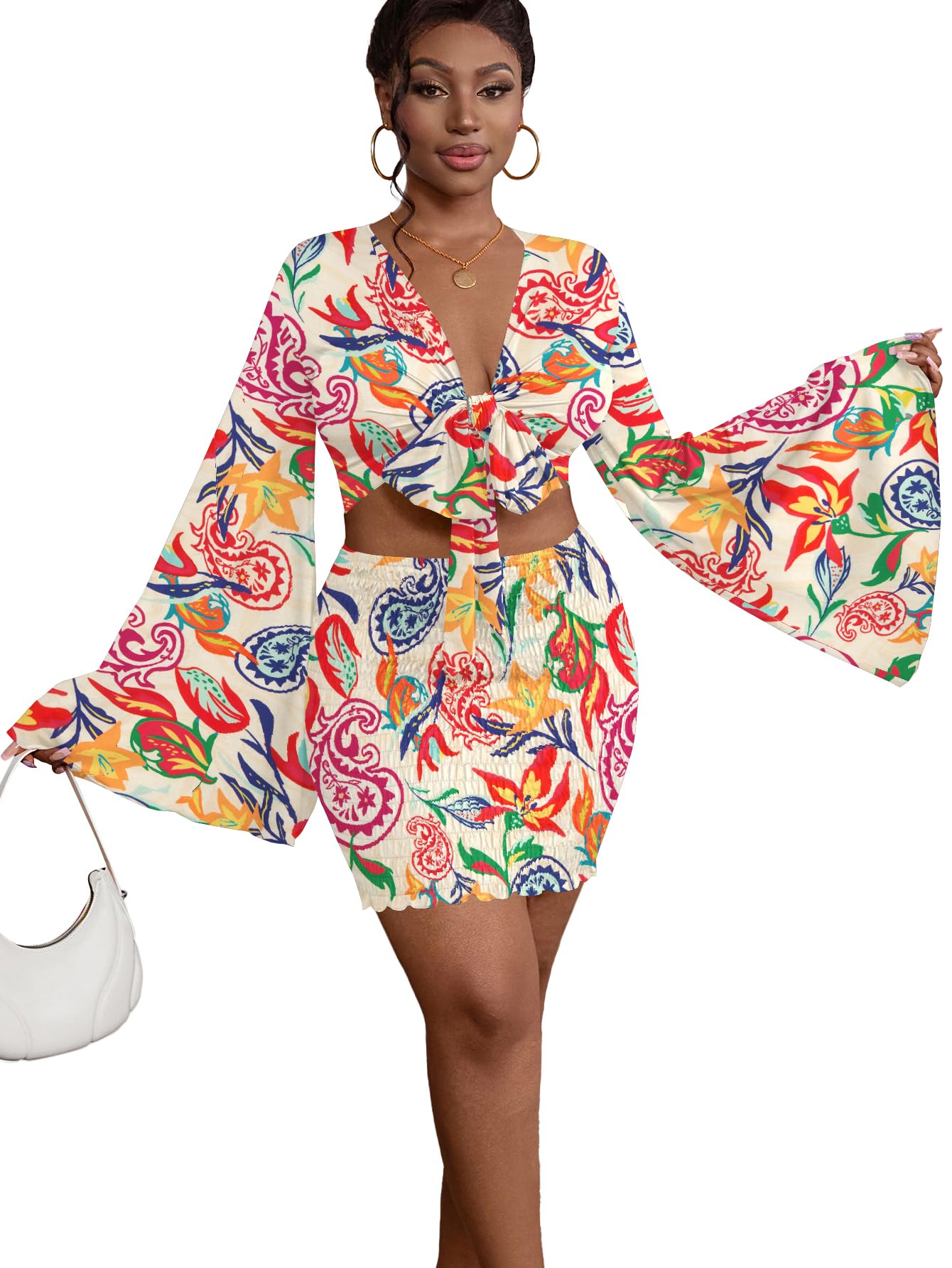 LYANER Women 2 Piece Vacation Outfits Tie Knot Front Bell Long Sleeve Crop Top and Mini Skirt Summer Set